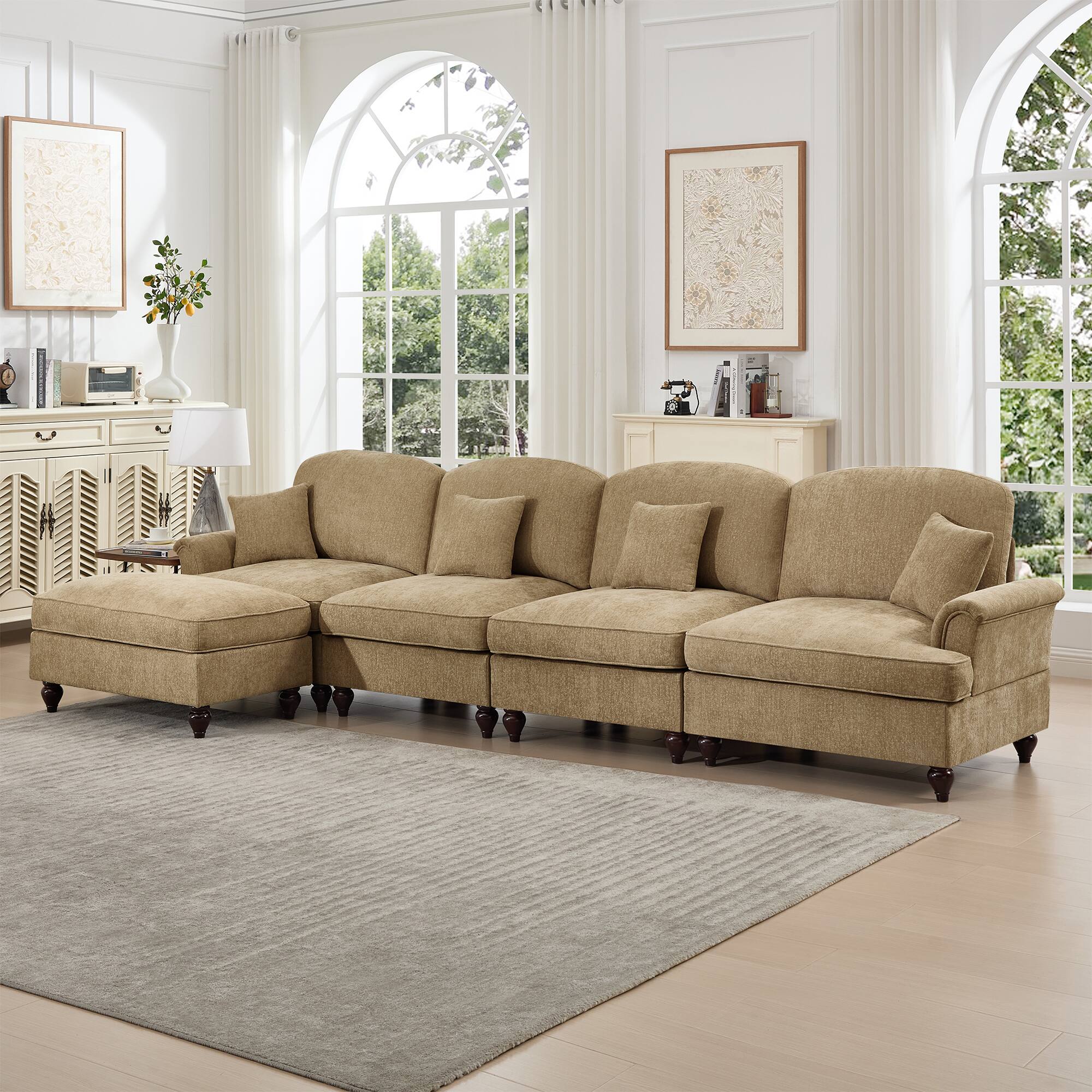 Angle. Anysun - Classic L-Shape Chenille 4-Seat Sectional with Ottoman - Flared Arms, Ruffled Skirt & Spindle Legs, Deep Seat - Coffee.