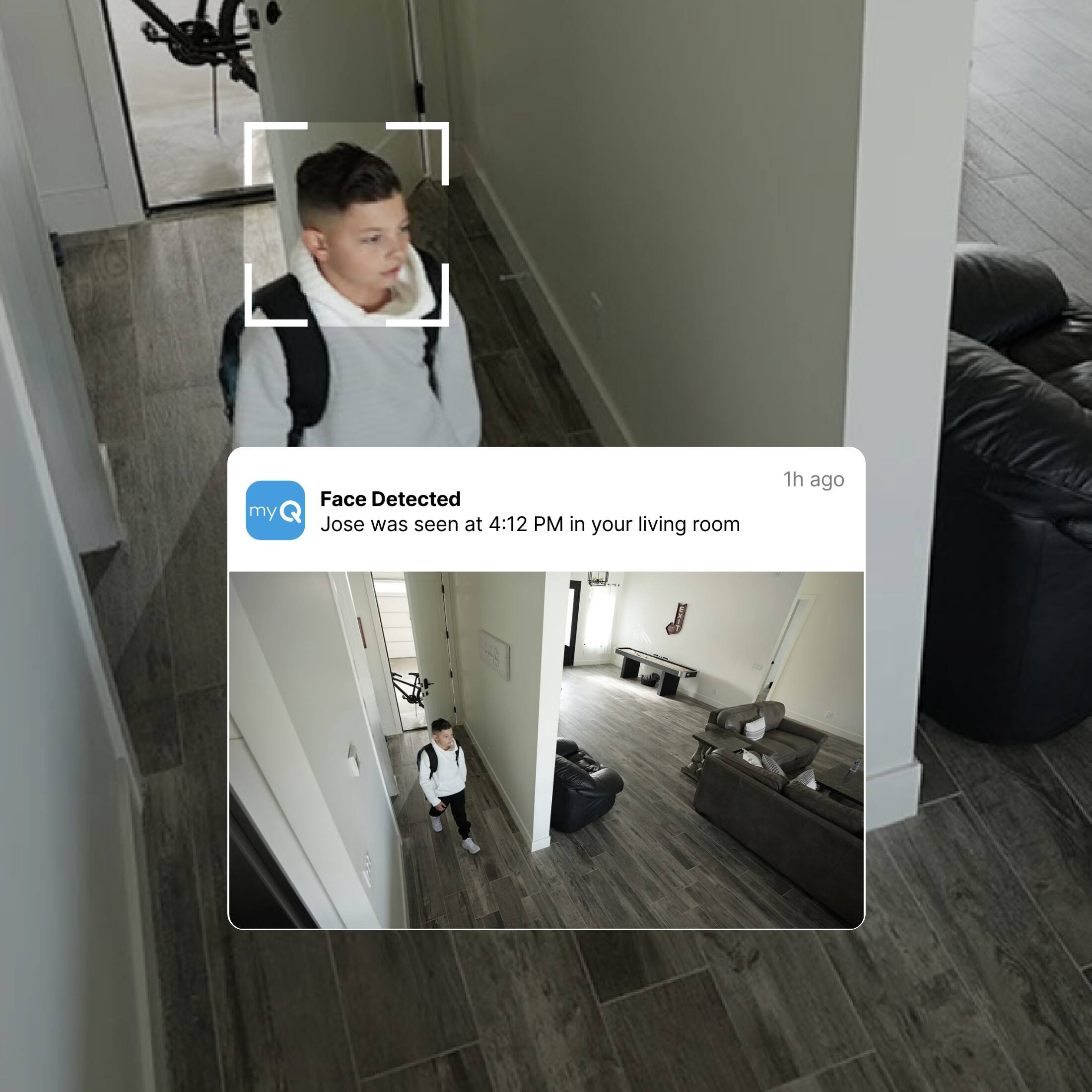 The text on the image is grouped and corrected as follows:

"My Face Detected: Jose was seen at 4:12 PM in your living room 1 hour ago."