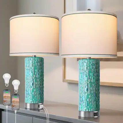 Front. Pawtners - CeramicTable Lamps Set of 2 Lamps for Bedroom Living Room Rotary Coastal Bedside Lamp for Nightstand.