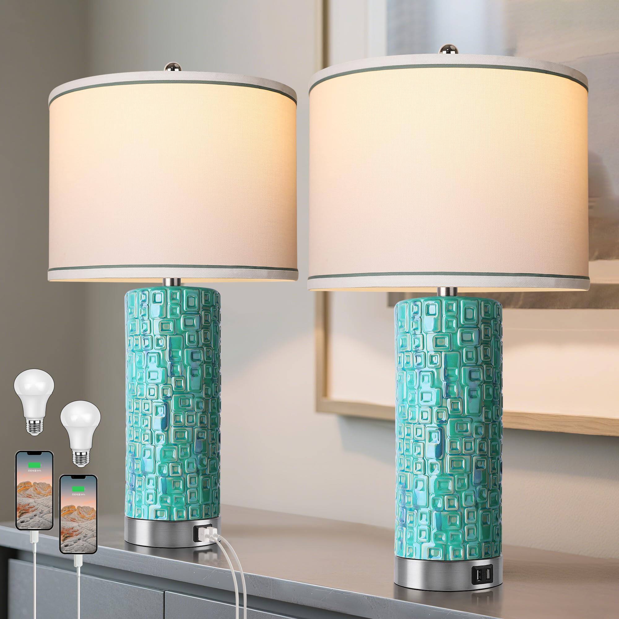 Front. Pawtners - CeramicTable Lamps Set of 2 Lamps for Bedroom Living Room Rotary Coastal Bedside Lamp for Nightstand.