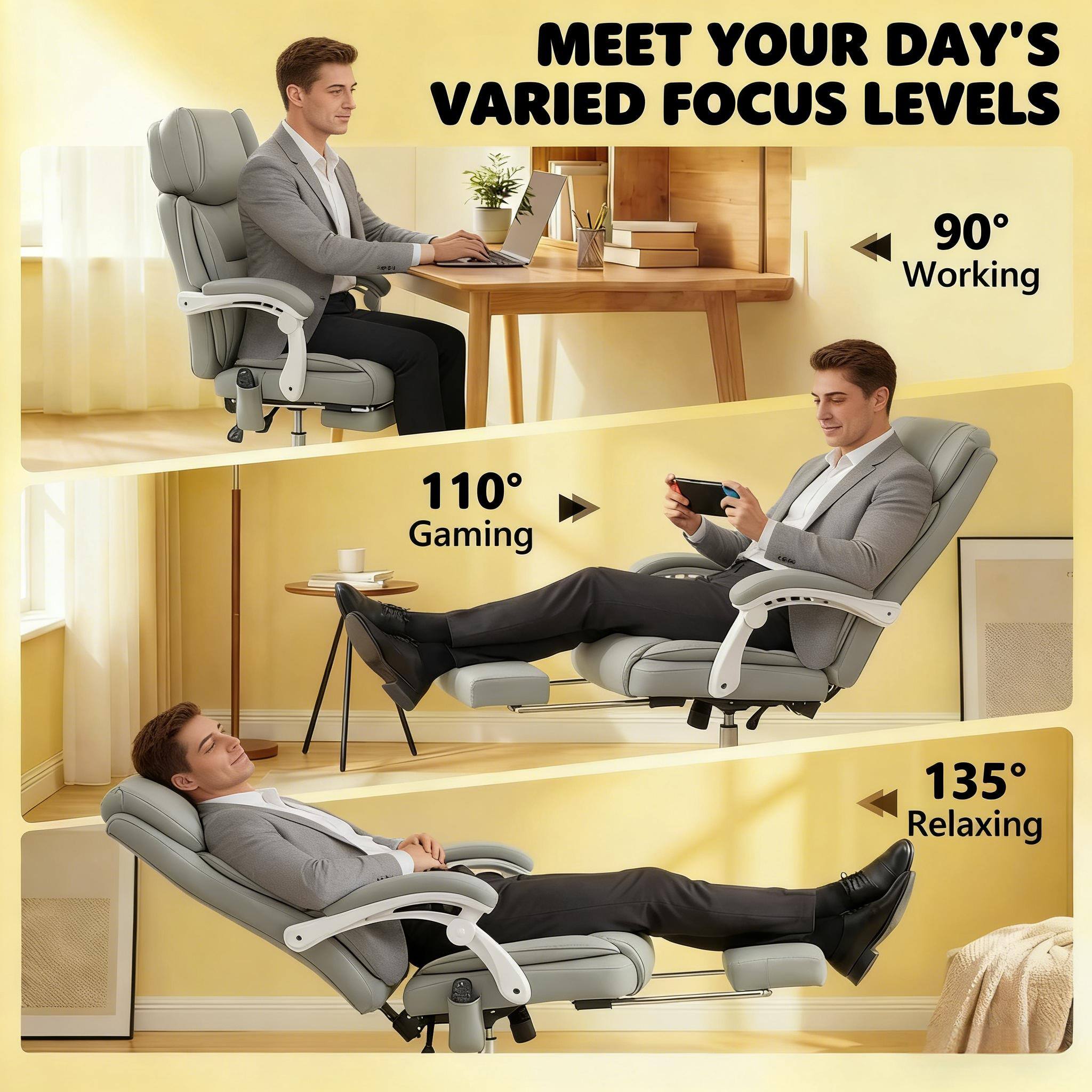 MEET YOUR DAY'S VARIED FOCUS LEVELS

90° Working  
110° Gaming  
135° Relaxing