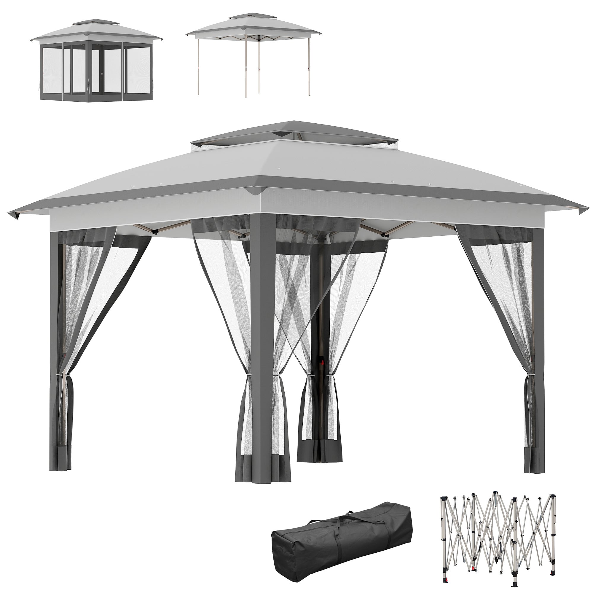 Outsunny - 12' x 12' Pop Up Canopy with Mesh Sidewall Netting - Gray