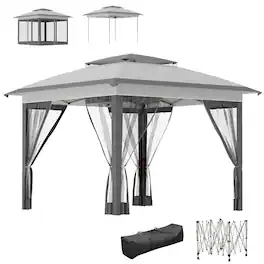 Outsunny - 12' x 12' Pop Up Canopy with Mesh Sidewall Netting - Gray