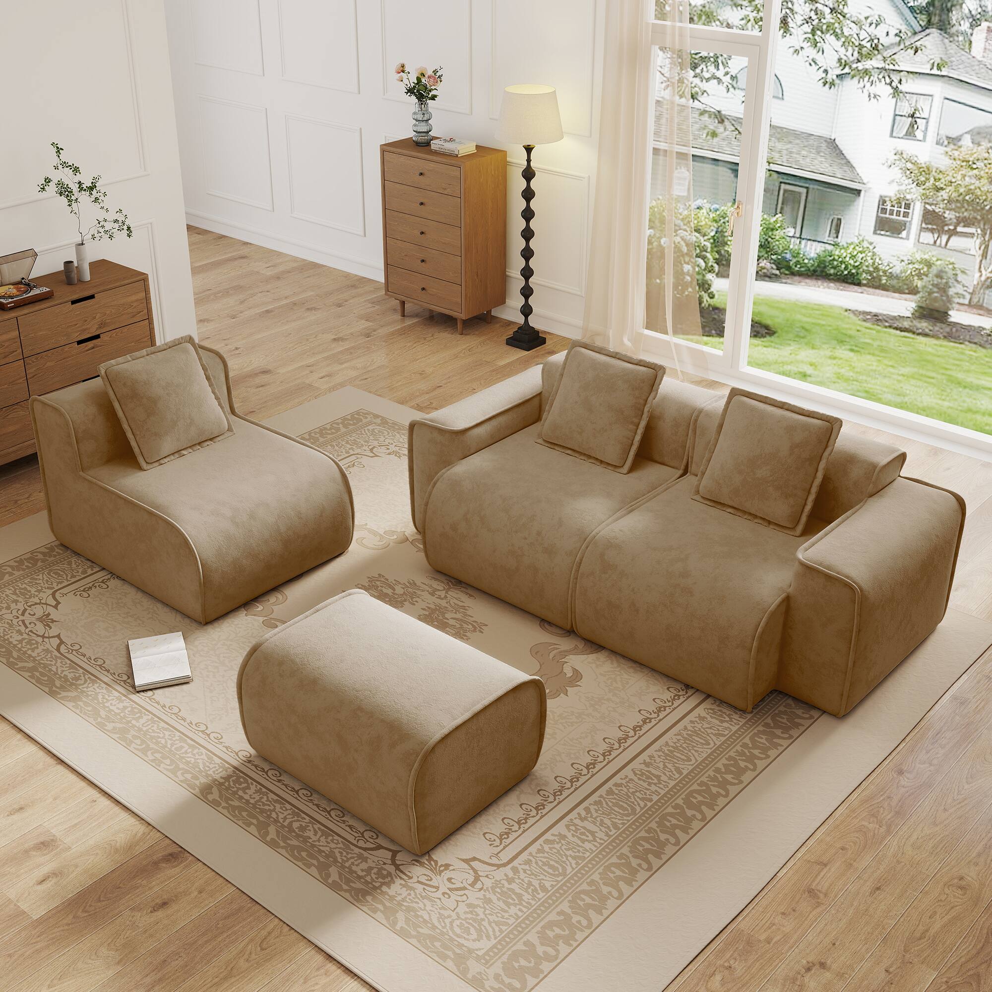 Angle. Anysun - Streamlined L-Shape Velvet Sectional Sofa - 3-Seat Boneless Design, No Assembly, Includes Pillows & Ottoman - Brown.