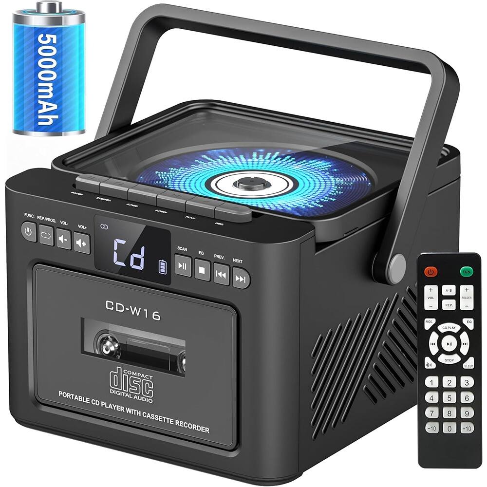 5000mAh
CD-W16
PORTABLE CD PLAYER WITH CASSETTE RECORDER
COMPACT DISC DIGITAL AUDIO
FUNC, REPRO, VOL, CD, A-B, STOP, 1, 2, 3, 4, 5, 6, 7, 8, 9, 0, SCAN, EQ, PREV, NEXT, PLAY, PAUSE, REC, CD DISPLAY, EJECT, STOP, LED, VOL, A-B, FOLDER, REPEAT, POWER
REMOTE CONTROL: POWER, VOL, A-B, FOLDER, REPEAT, CD DISPLAY, EJECT, STOP, LED, 1, 2, 3, 4, 5, 6, 7, 8, 9, 0, -10, +10