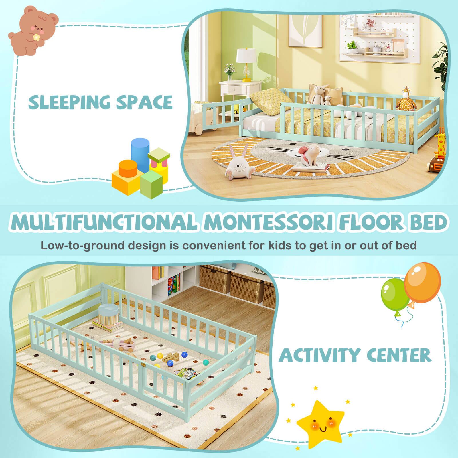 SLEEPING SPACE

MULTIFUNCTIONAL MONTESSORI FLOOR BED

Low-to-ground design is convenient for kids to get in or out of bed

ACTIVITY CENTER
