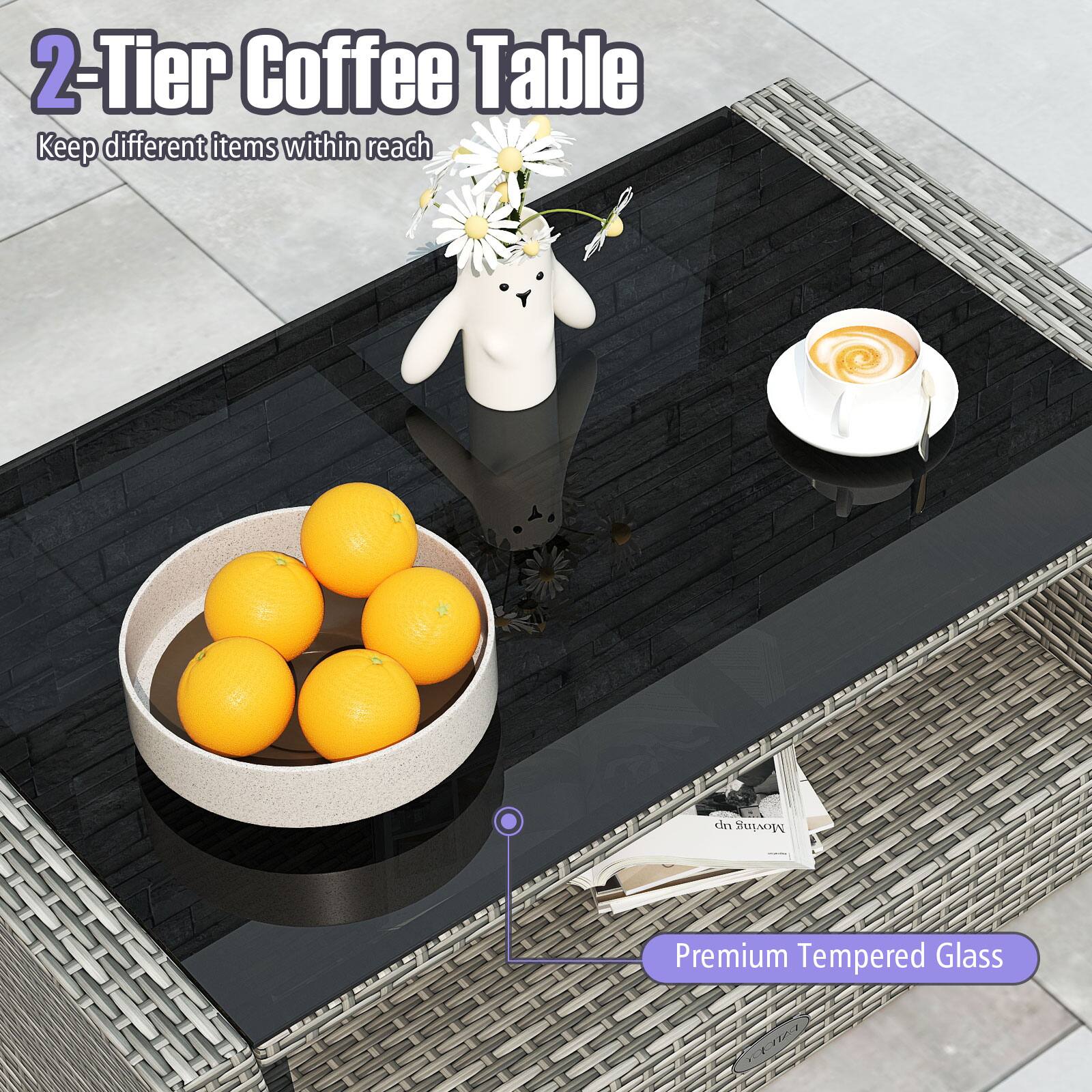2-Tier Coffee Table: Keep different items within reach and moving with Premium Tempered Glass.