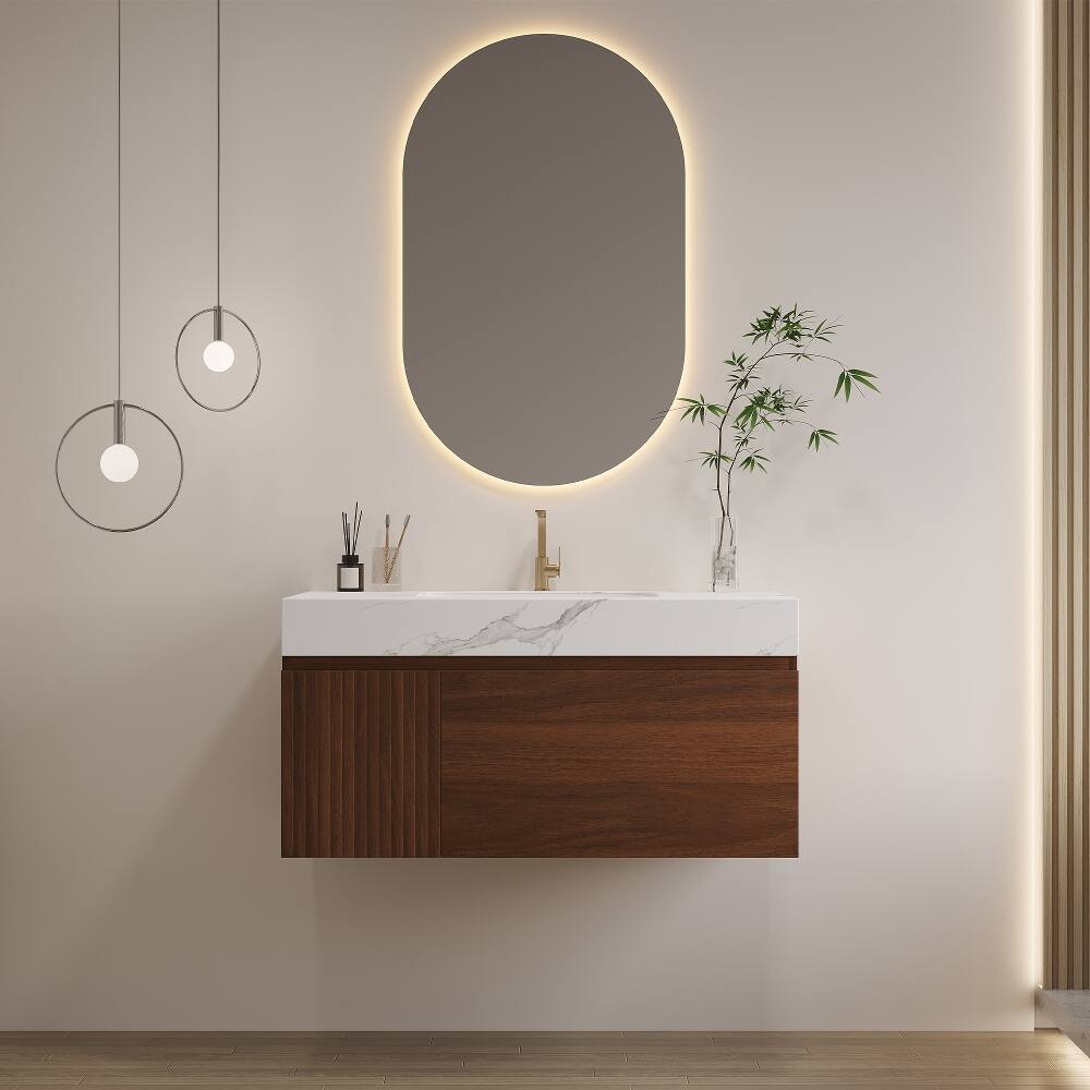 Alt View 1. Loheer - Loheer 36 inch floating bathroom vanity seamless sintered stone top wall mounted vanity with sink walnut - Walnut, White.