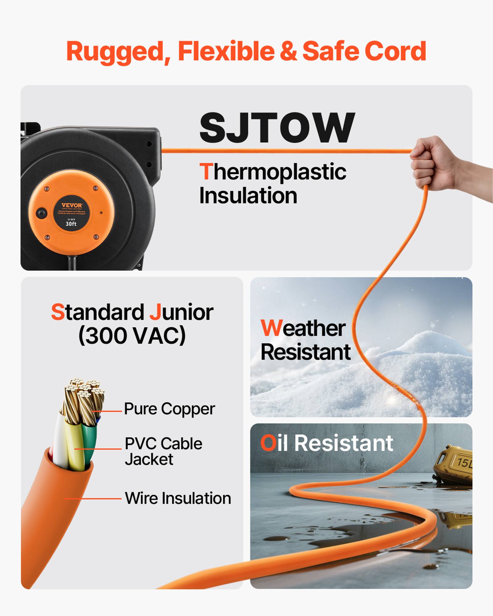 Rugged, Flexible & Safe Cord

VEVOR SJTOW Thermoplastic Insulation 30ft - Standard Junior (300 VAC)

- Weather Resistant
- Oil Resistant

Features:
- Pure Copper
- PVC Cable Jacket
- Wire Insulation