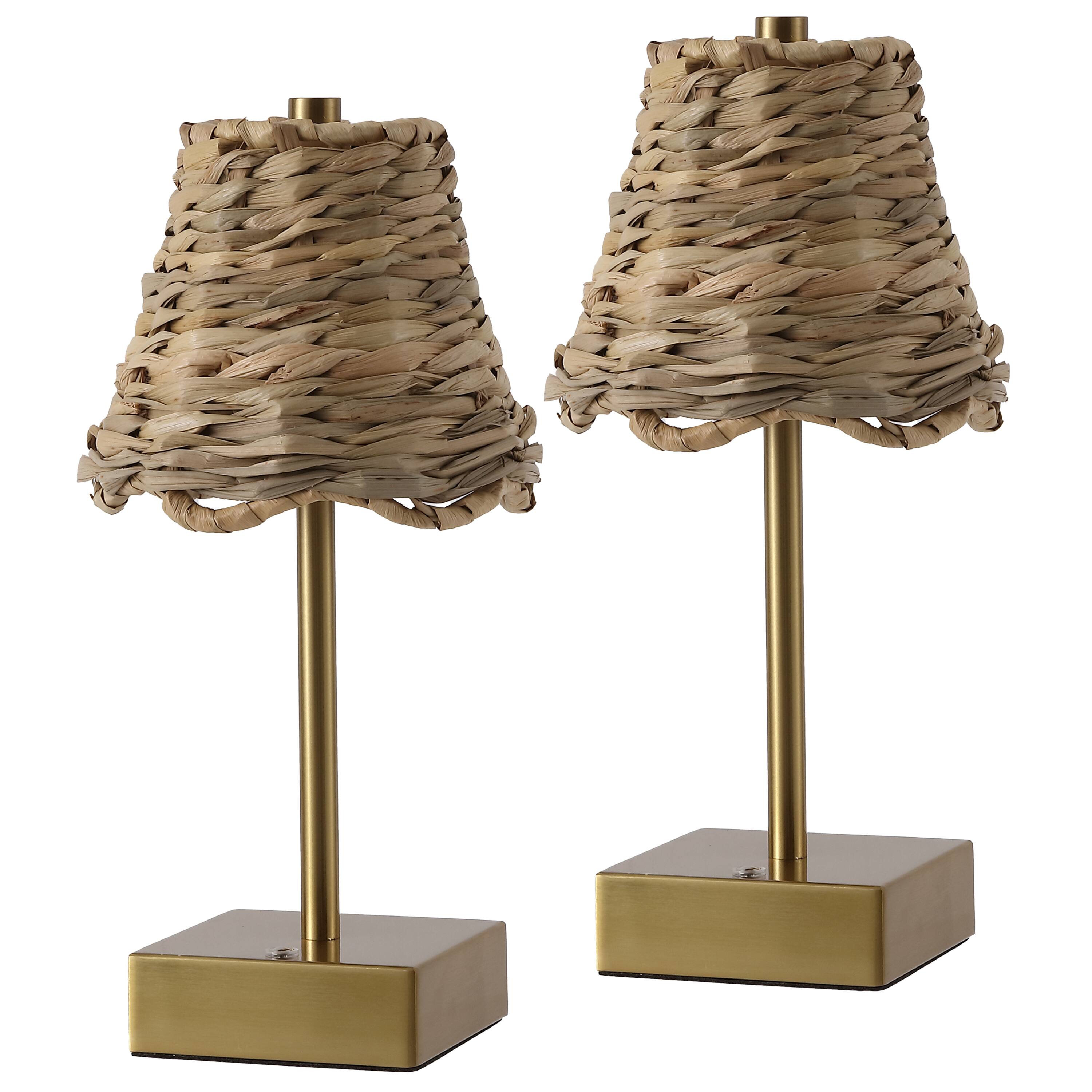 Alt View 7. Jonathan Y - Willow 11" Coastal Cordless Rechargeable Table Lamp Set of 2, Brass Gold with Brown Water Hyacinth Shade, Touch Dimmer - Brass Gold.