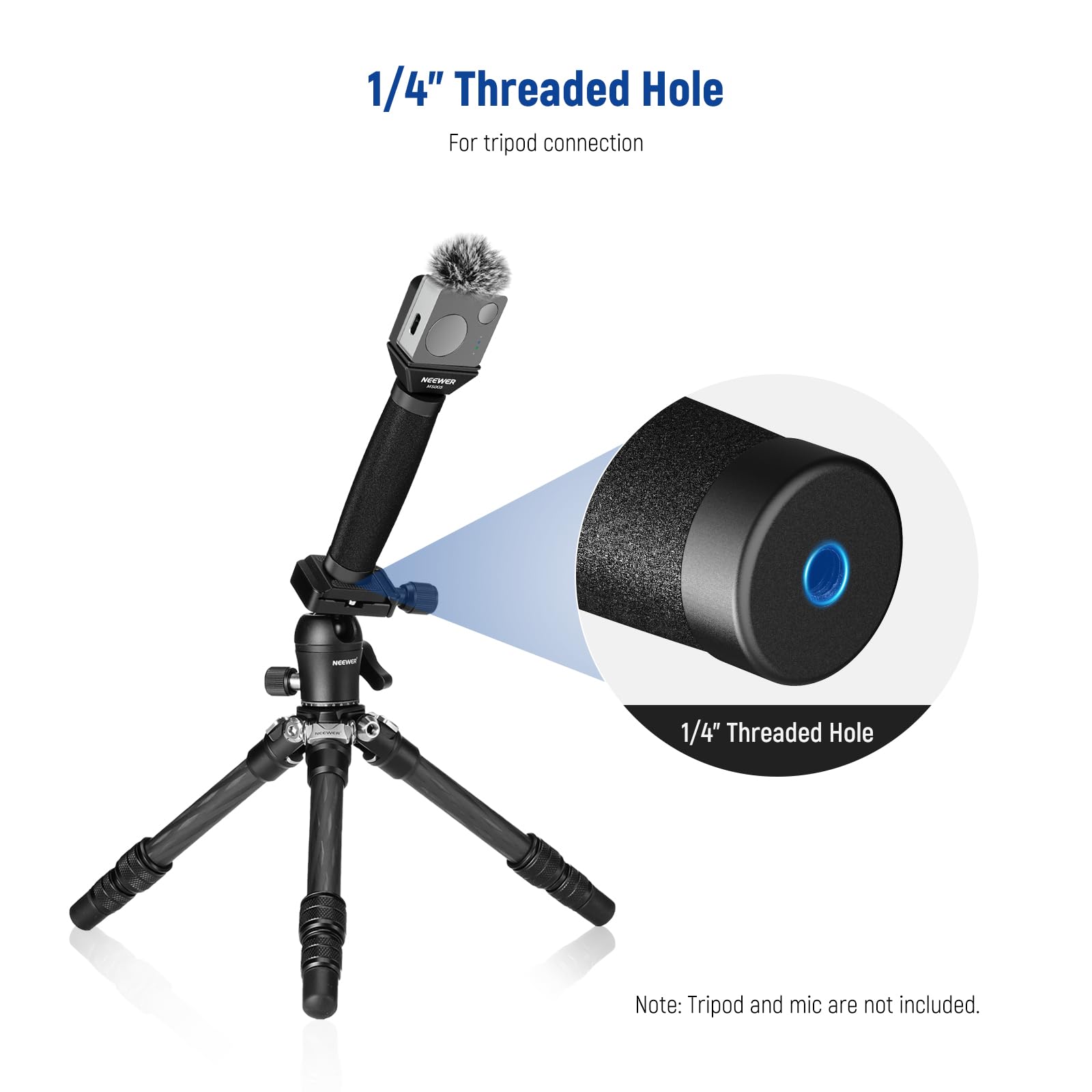 1/4" Threaded Hole  
For tripod connection  

Note: Tripod and mic are not included.