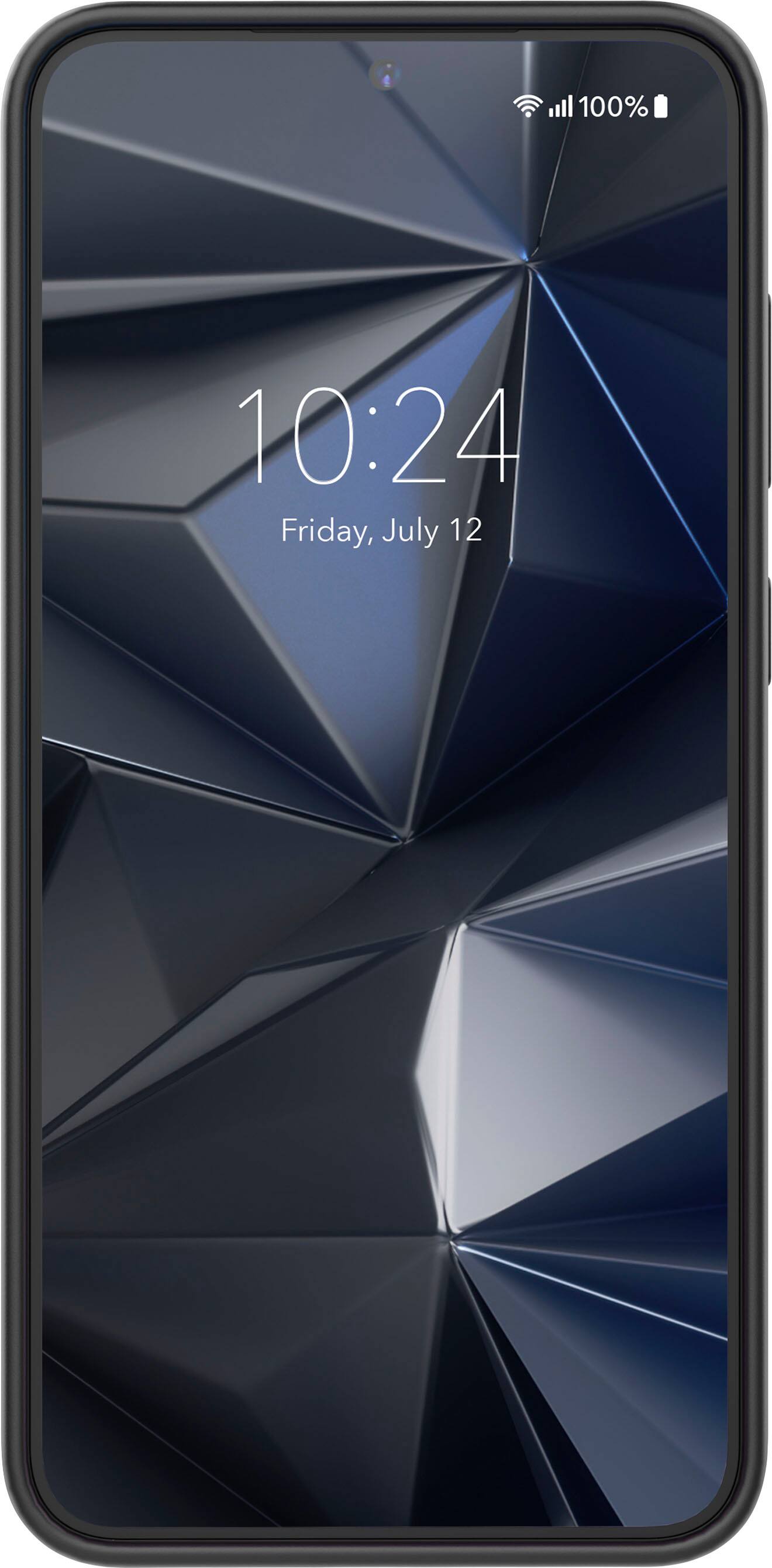 The image shows a cell phone with a blue background and the time of 10:24 displayed on the screen. The date is Friday, July 12.