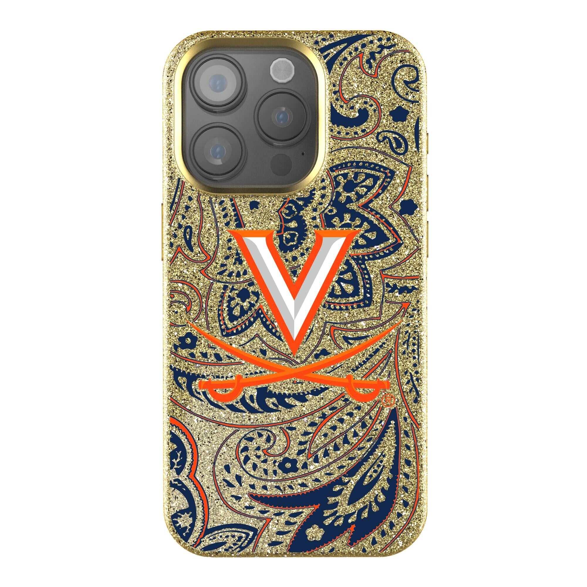 Front. Keyscaper - Virginia Cavaliers Paisley Bling iPhone Case - 16 Pro - Gold.