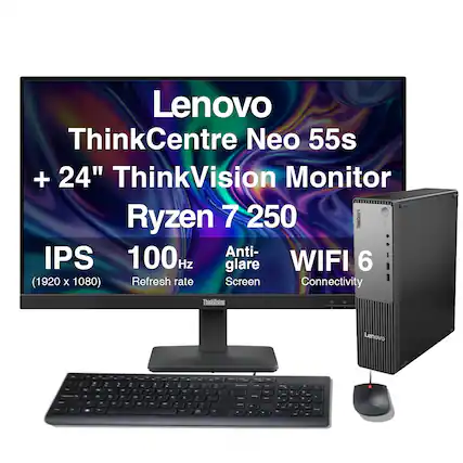 Lenovo ThinkCentre Neo 55s + 24" ThinkVision Monitor
Ryzen 7 250
IPS 100 Hz
Anti-glare Screen
(1920 x 1080)
Refresh rate
WIFI 6
Connectivity