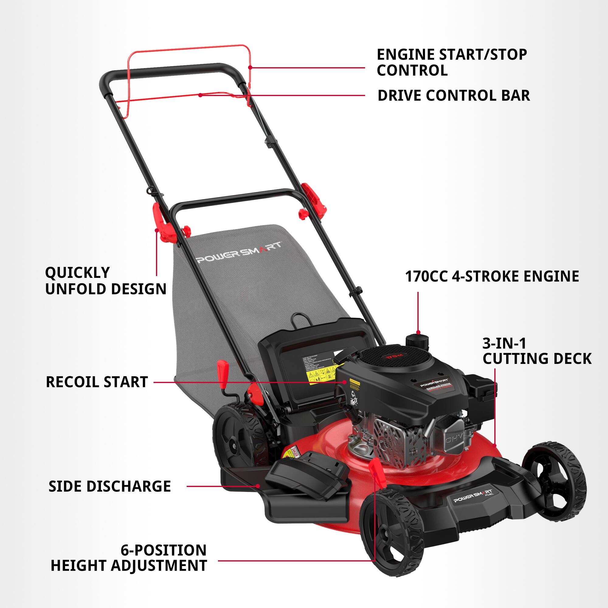 - Engine Start/Stop Control
- Drive Control Bar
- Quickly Unfold Design
- 170CC 4-Stroke Engine
- Recoil Start
- 3-in-1 Cutting Deck
- Side Discharge
- 6-Position Height Adjustment