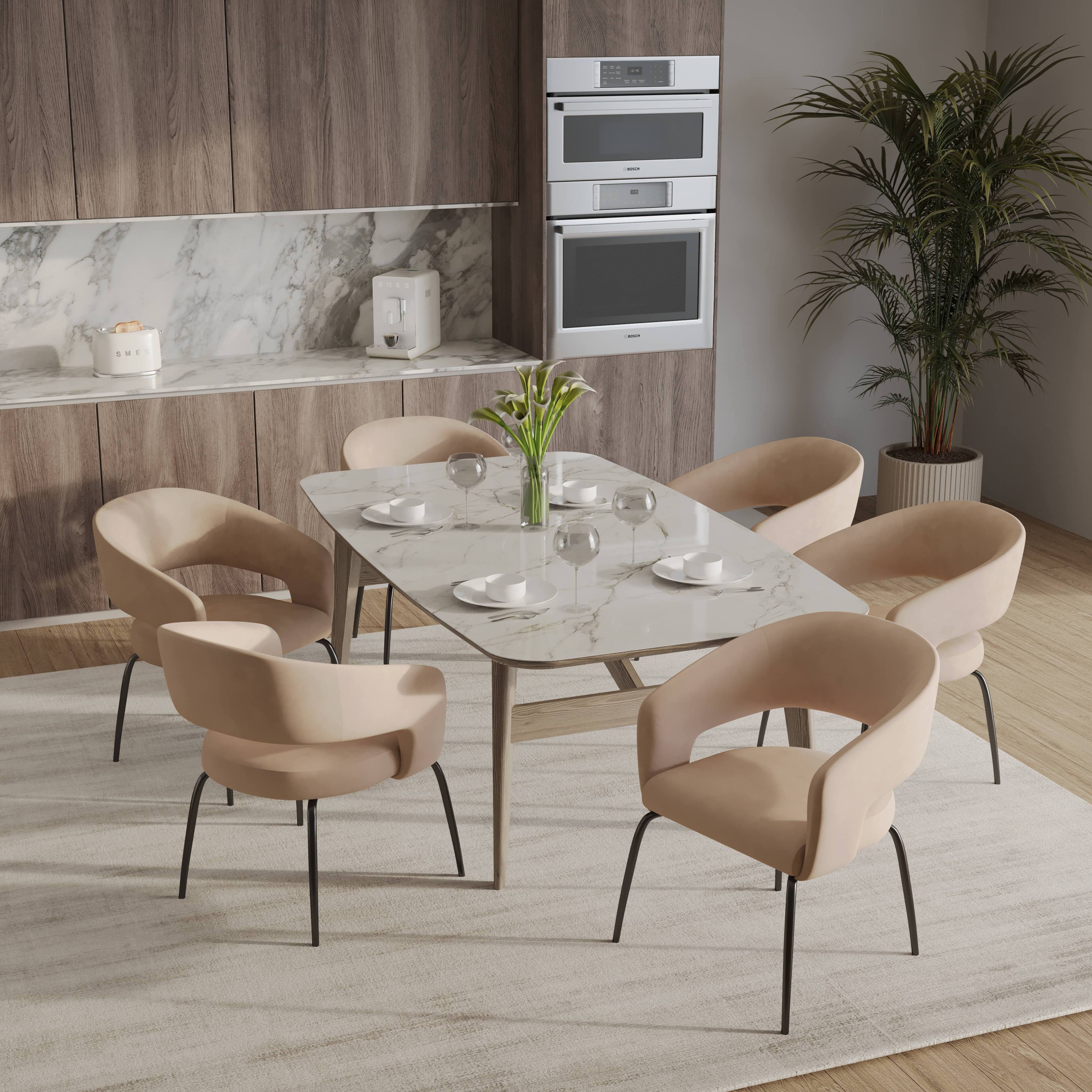 Angle. LeisureMod - Gavin 2-PCS Contemporary Dining Chair - Curved Open Back Upholstered Accent Chair for Kitchen & Office - Light Taupe Fabric.