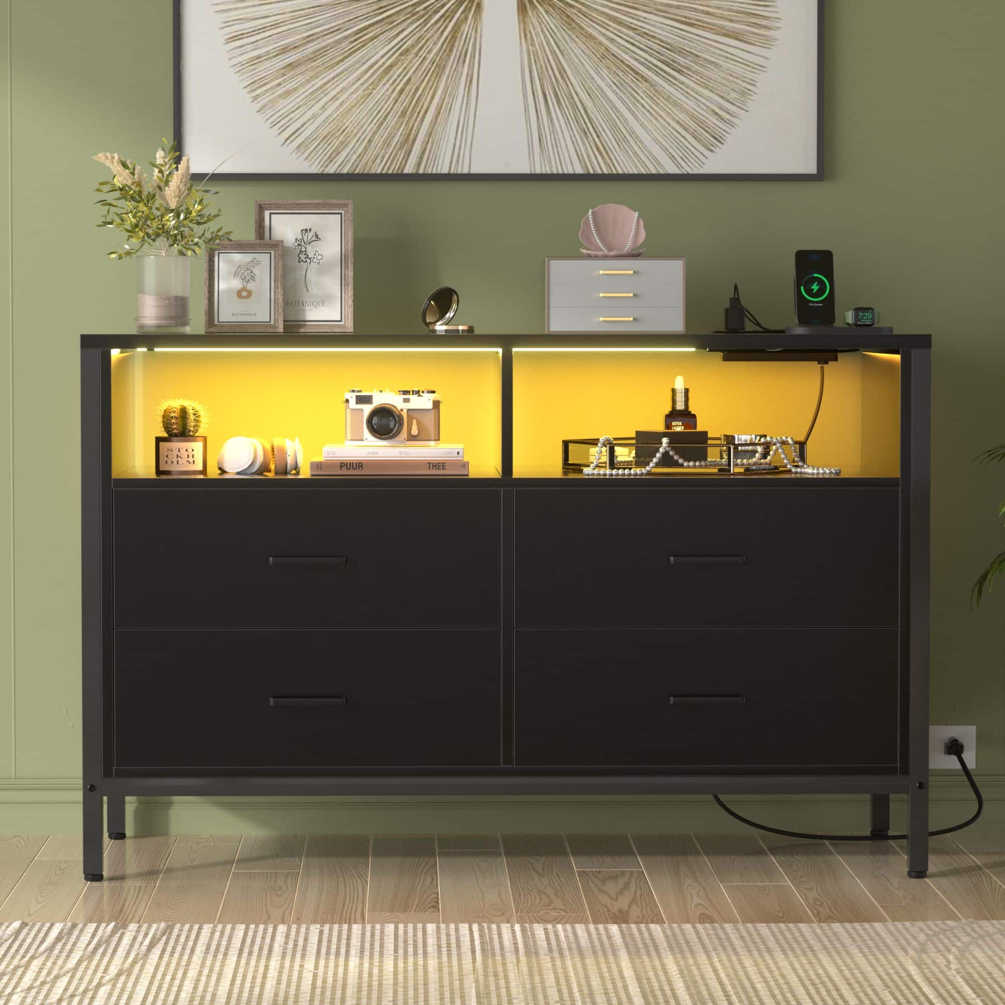 Aheaplus - 4 Drawer Dresser with Power Outlet and LED Light, 43.3'' Wide Storage Cabinet with Open Shelves - Black