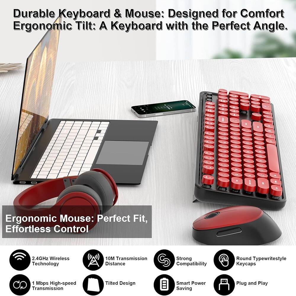 Durable Keyboard & Mouse: Designed for Comfort  
Ergonomic Tilt: A Keyboard with the Perfect Angle.  

Ergonomic Mouse: Perfect Fit, Effortless Control  

- 2.4GHz Wireless Technology  
- 10M Transmission Distance  
- 1 Mbps High-speed Transmission  
- Tilted Design  
- Strong Compatibility  
- Smart Power Saving  
- Round Typewritestyle Keycaps  
- Plug and Play