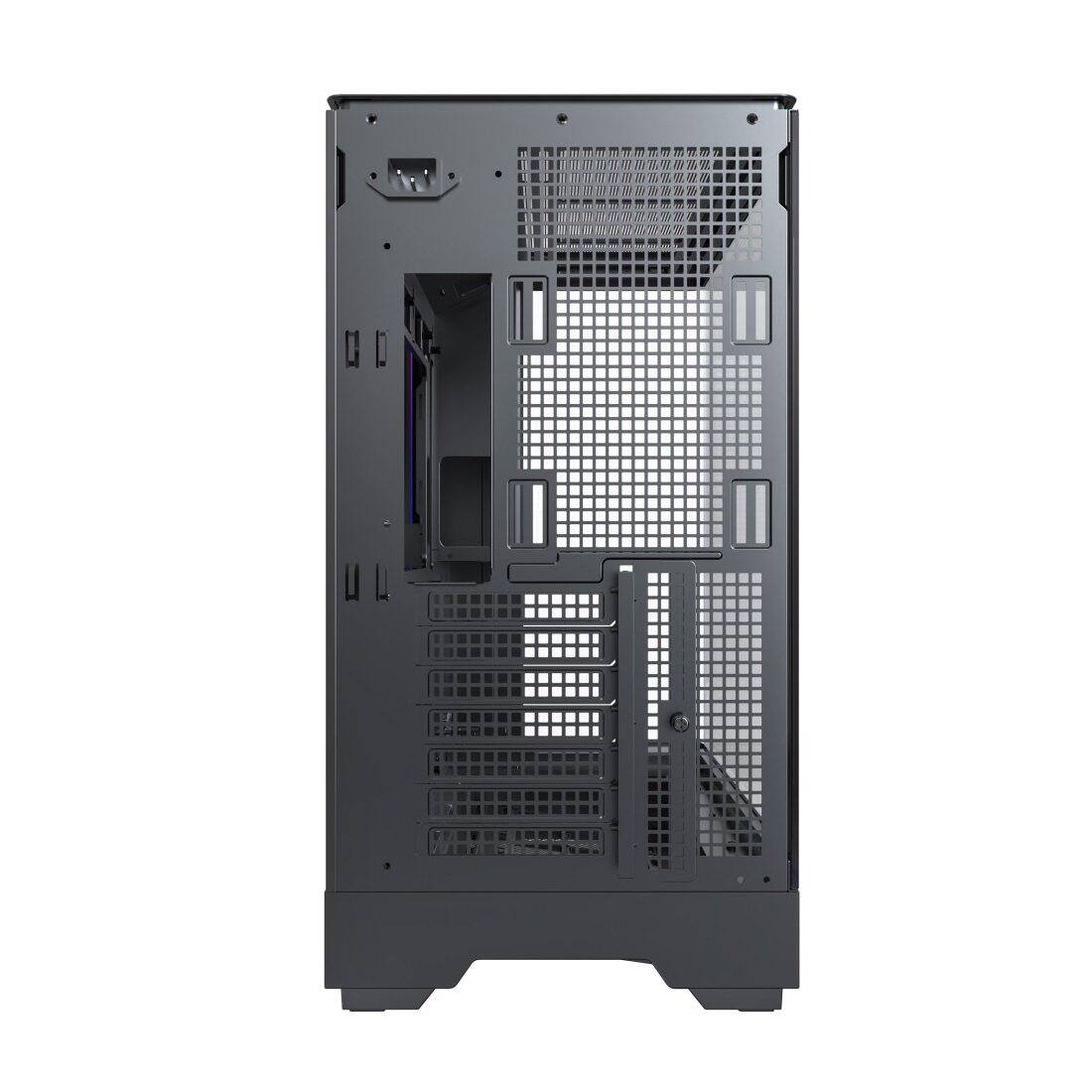 Back. Montech - KING 45 KING45B ATX PC Case, Curved Panoramic Glass, Chimney Airflow, 360mm Radiator Support - Black.