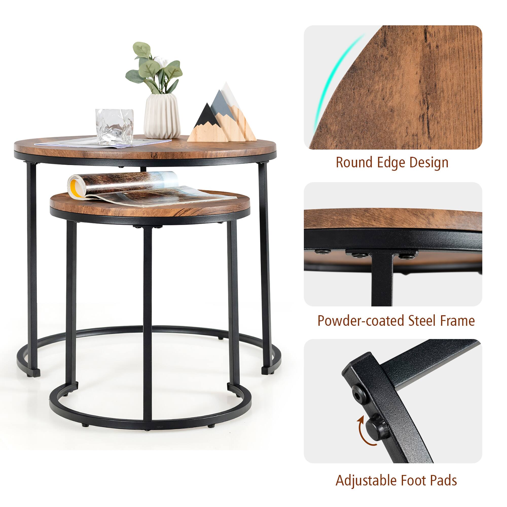 The image features a wooden table with a round edge design, made of powder-coated steel frame. The table is accompanied by adjustable foot pads, providing added stability and comfort. The table is also surrounded by various items, such as a potted plant, a vase, and a book.