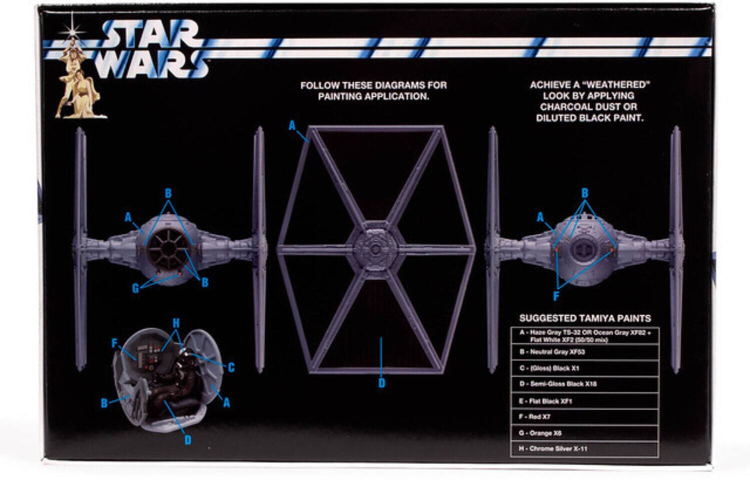 STAR WARS  
FOLLOW THESE DIAGRAMS FOR PAINTING APPLICATION.  

A. ACHIEVE A "WEATHERED" LOOK BY APPLYING CHARCOAL DUST OR DILUTED BLACK PAINT.  

B. SUGGESTED TAMIYA PAINTS  
A - Haze Gray TS-32 OR Ocean Gray XF82 (50/50 mix)  
B - Neutral Gray XF53  
C - Gloss Black X-1  
D - Semi-Gloss Black X-18  
E - Flat Black XF1  
F - Red X7  
G - Orange XB  
H - Chrome Silver X-11
