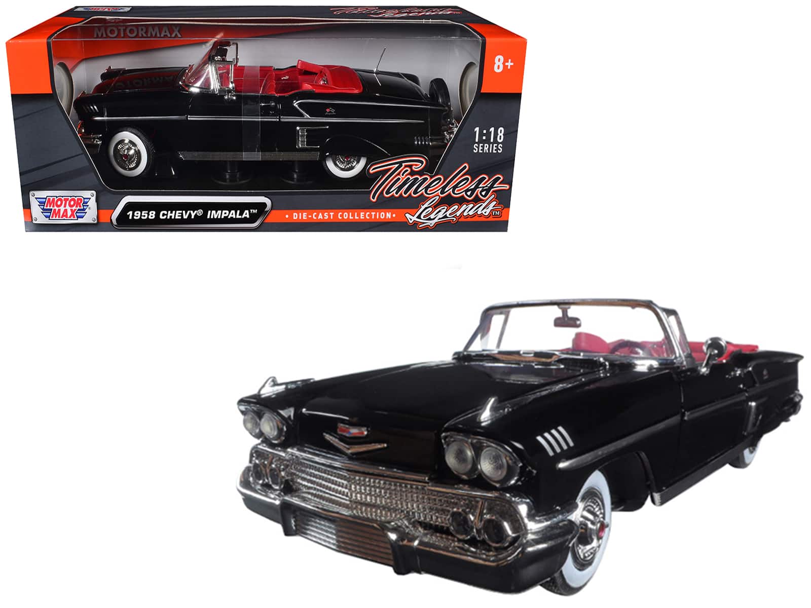 "1958 Chevrolet Impala Convertible Black with Red Interior ""Timeless Classics"" 1/18  Diecast Model Car by Motormax" price history on PriceWatchPro