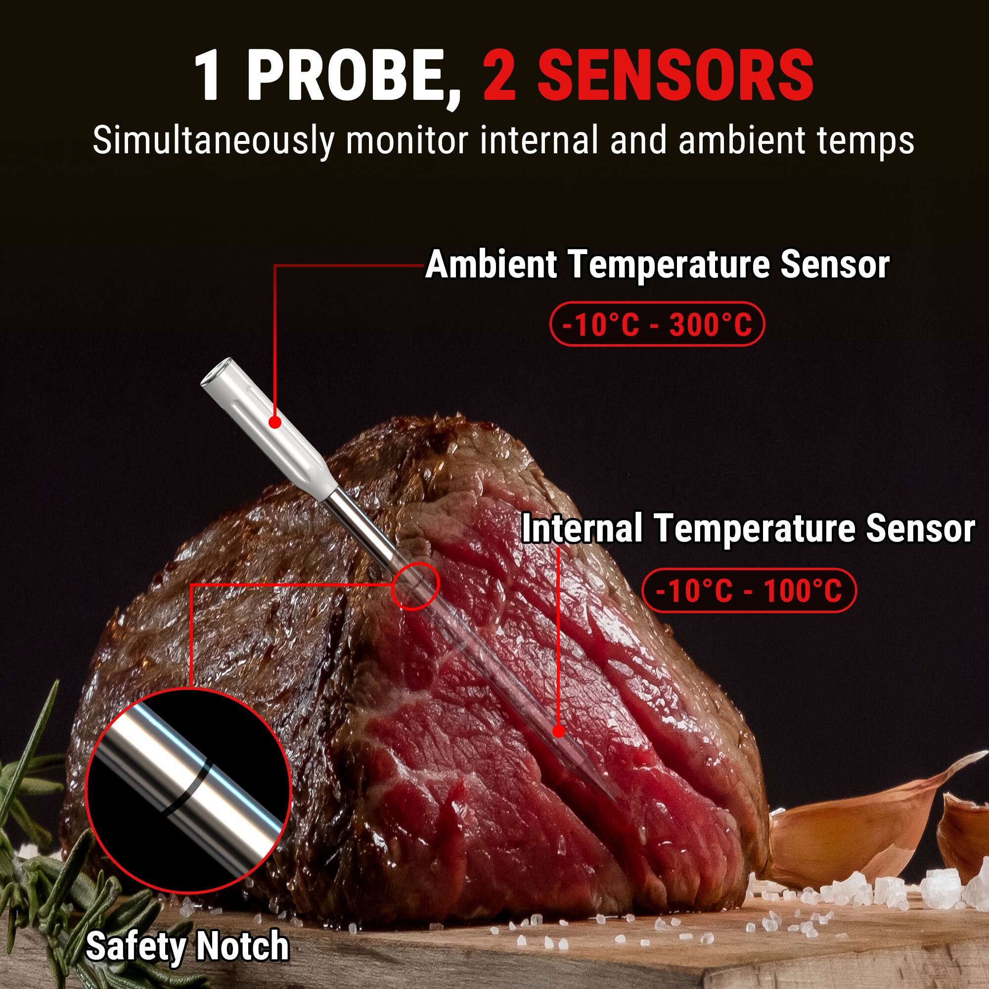 1 PROBE, 2 SENSORS  
Simultaneously monitor internal and ambient temps  

Ambient Temperature Sensor  
-10°C - 300°C  

Internal Temperature Sensor  
-10°C - 100°C  

Safety Notch
