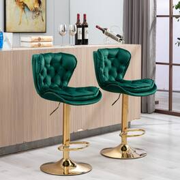 GOODSILO - Set of 2 Adjustable Swivel Bar Stools with Chrome Footrest and Velvet Upholstery - Green