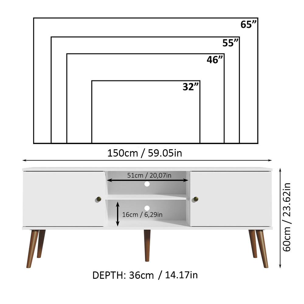 - 65" / 165cm
- 55" / 140cm
- 46" / 117cm
- 32" / 81cm
- 150cm / 59.05in
- 51cm / 20.07in
- 16cm / 6.29in
- 60cm / 23.62in
- DEPTH: 36cm / 14.17in
