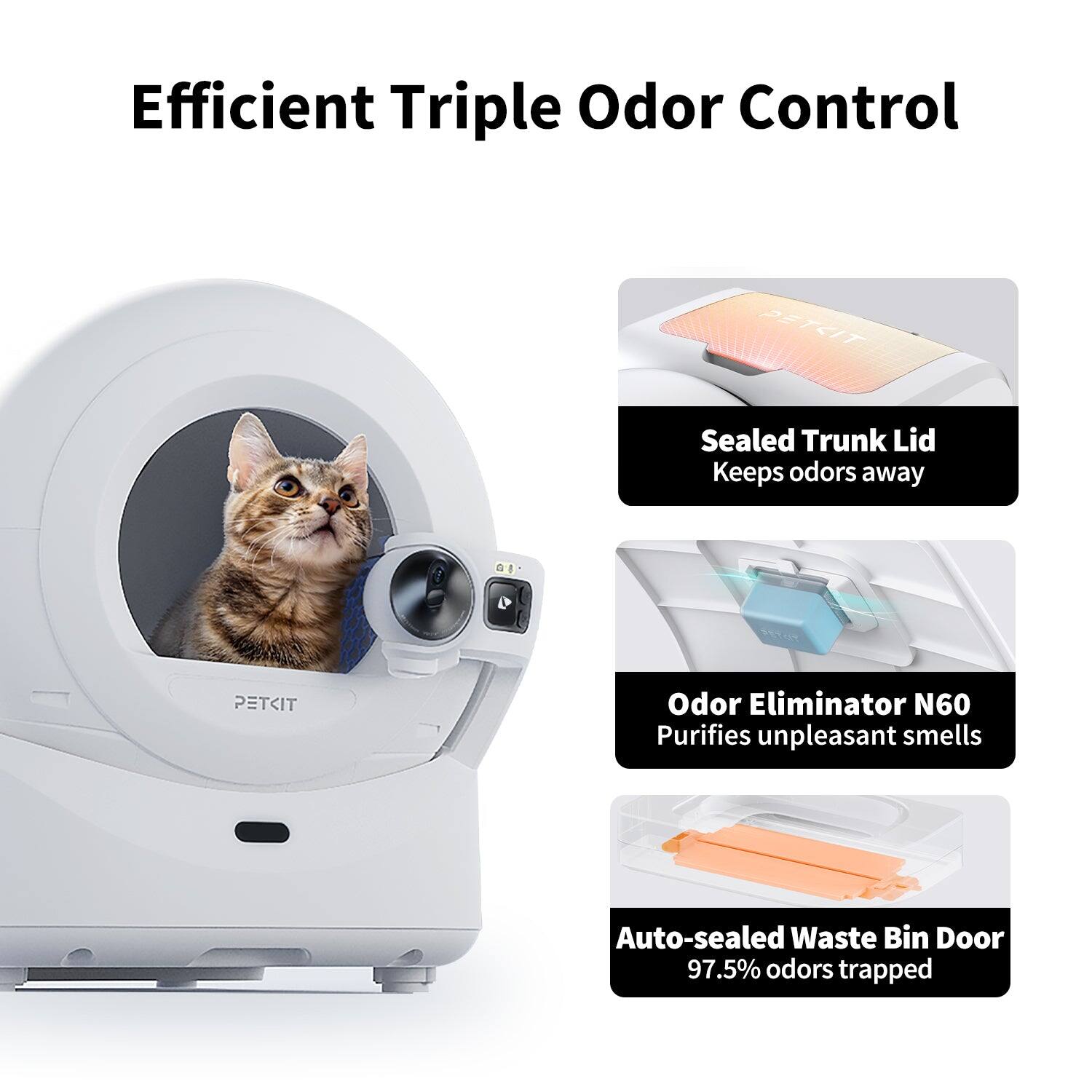Efficient Triple Odor Control:

1. Sealed Trunk Lid: Keeps odors away
2. G1 PETCIT Odor Eliminator: Purifies unpleasant smells
3. Auto-sealed Waste Bin Door: 97.5% odors trapped
