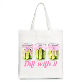 OrnamentallyYou - Coquette Dill With It Funny Tote Bag, Pink Bow Pickle Lover Gift Shopper - White