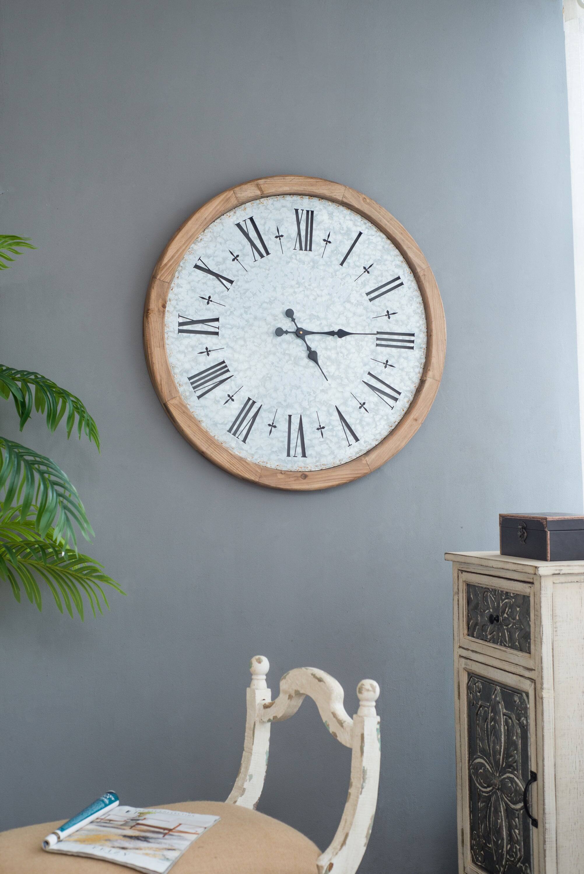 BreeBe - D32.3' Grant Oversized Wall Clock with Fir Wood Frame - Brown+Gray