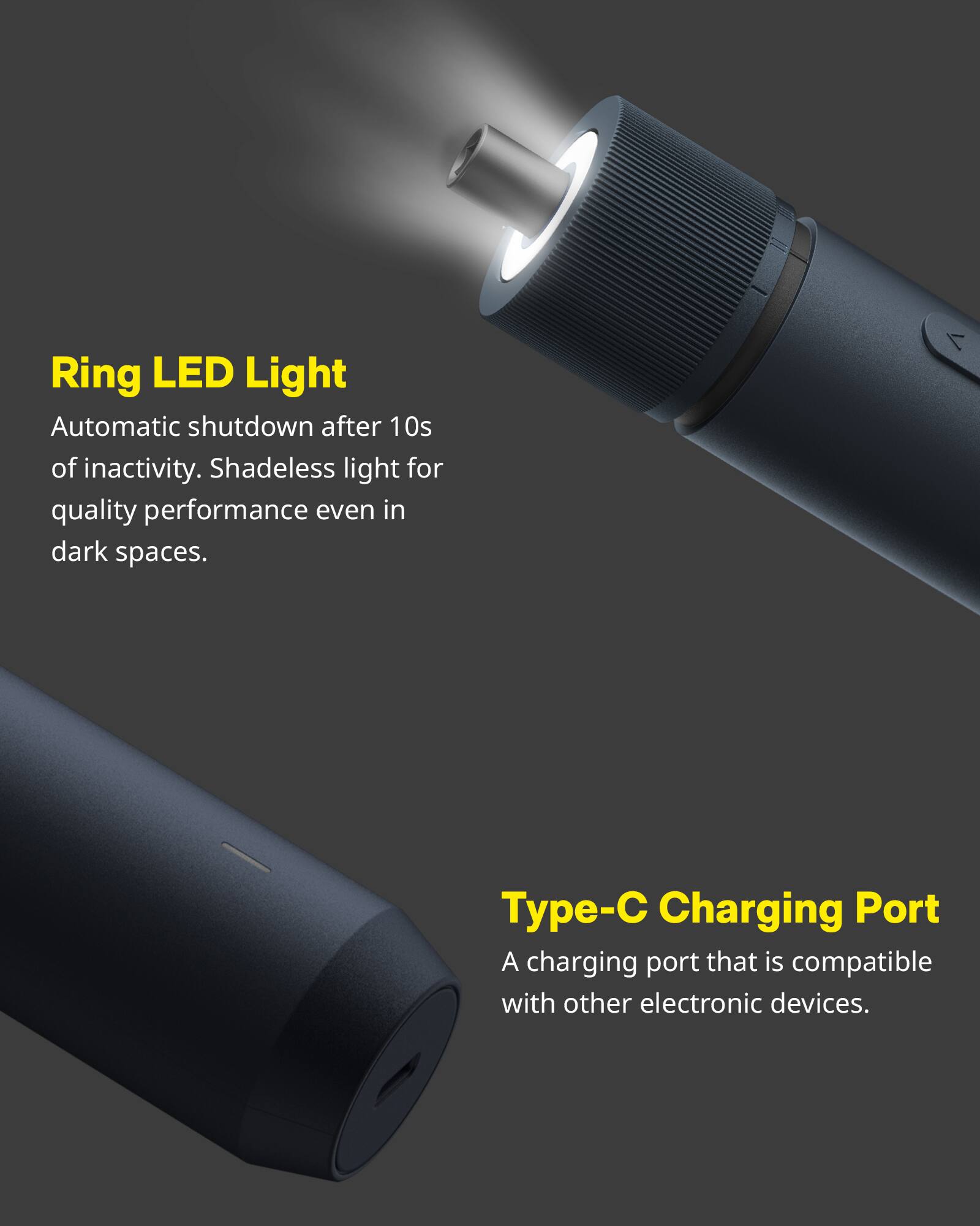 The image features a light with a ring LED light and a Type-C charging port. The light has an automatic shutdown after 10 seconds of inactivity, providing a shadeless light for quality performance even in dark spaces. The Type-C charging port is compatible with other electronic devices, making it a versatile and convenient charging option.
