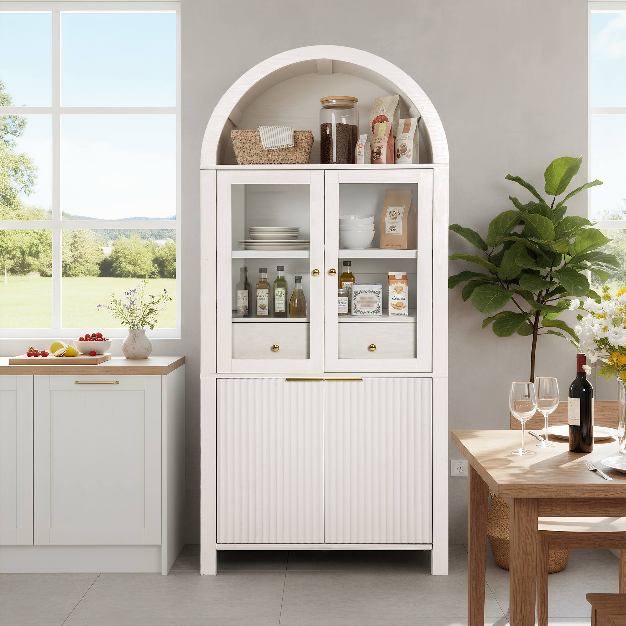 Back. Loheer - Loheer Arched Pantry Cabinet, White Tall Pantry Cabinet with Glass Doors, Drawer, Adjustable Shelves, 71 in - White.