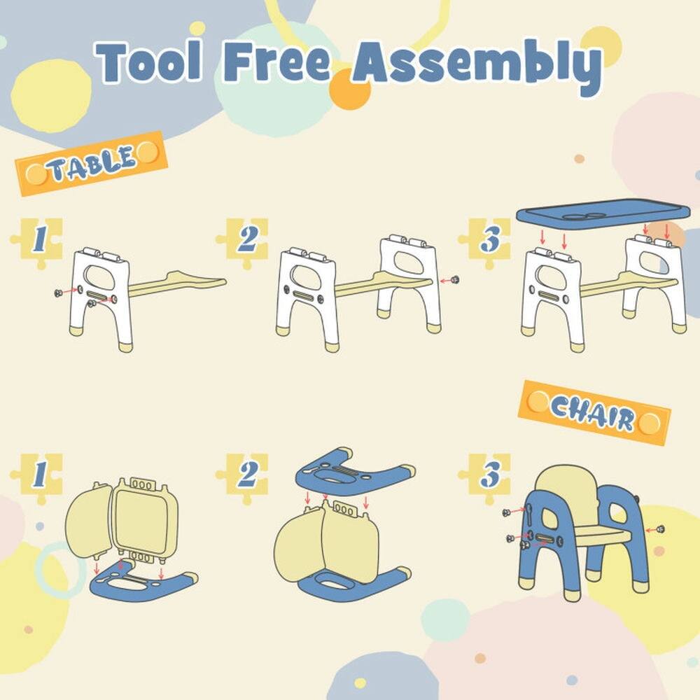 Tool Free Assembly

TABLE
1
2
3

CHAIR
1
2
3