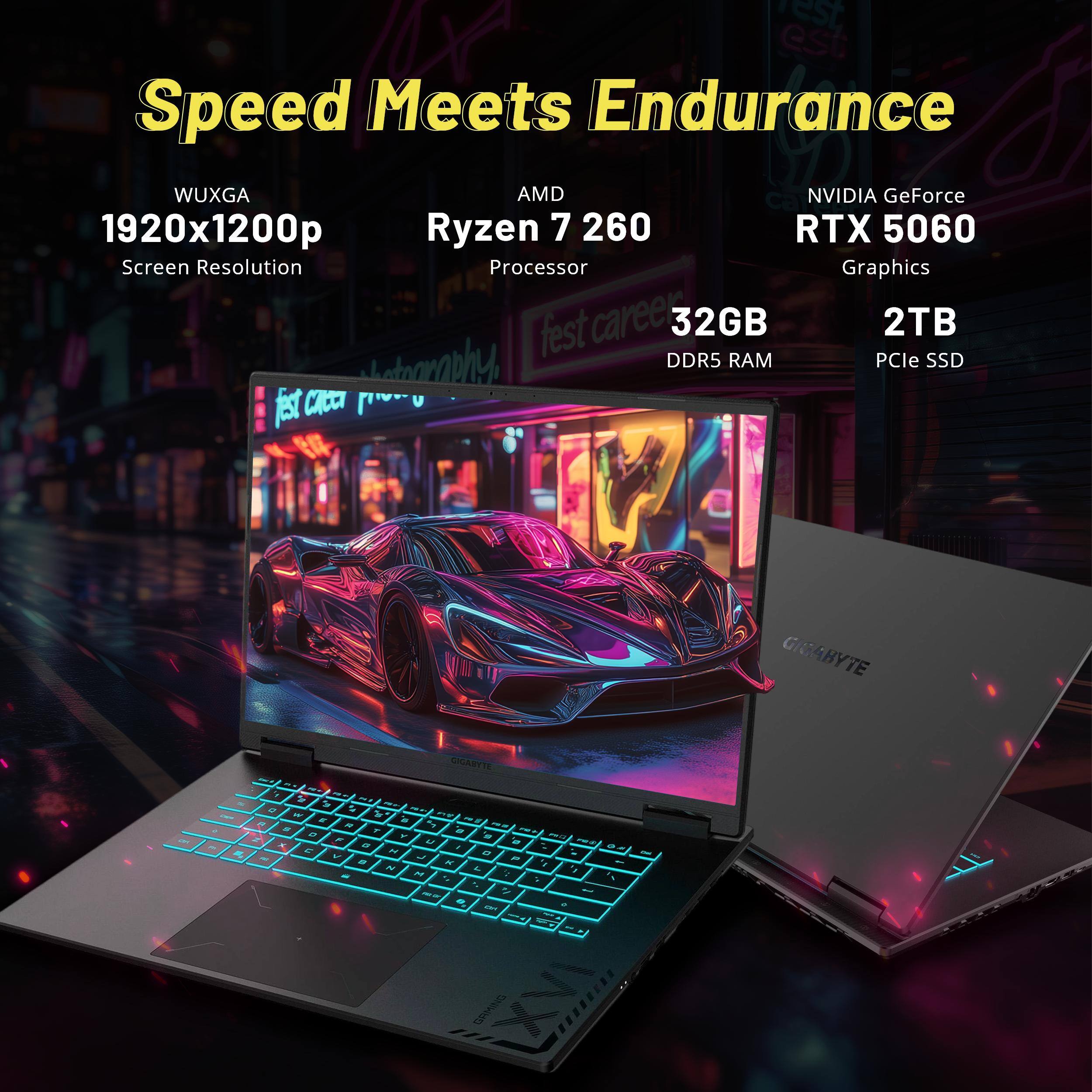 Speed Meets Endurance  
WUXGA 1920x1200p Screen Resolution  
AMD Ryzen 7 260 Processor  
NVIDIA GeForce RTX 5060 Graphics  
32GB DDR5 RAM  
2TB PCIe SSD