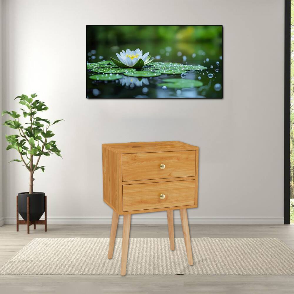 Front. Hivvago - Vintage-Inspired Bedside Table with 2 Drawers - Natural.