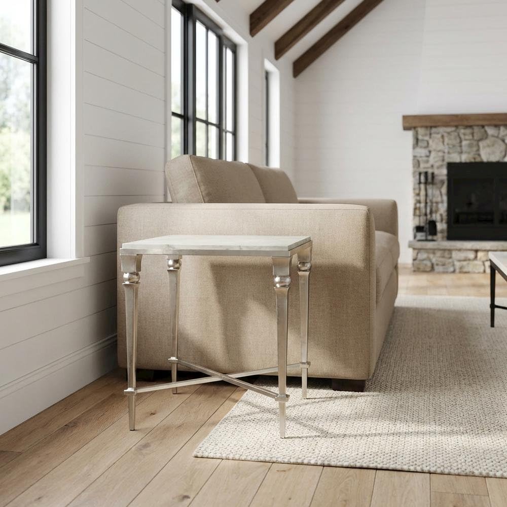 Angle. Starlight Canyon Home - Square End Table with Marble Top, Modern Accent Side Table for Living Room - Silver.