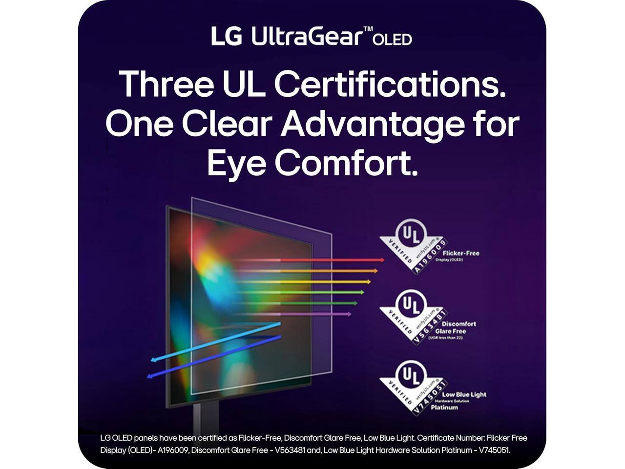 LG UltraGear™ OLED

Three UL Certifications. One Clear Advantage for Eye Comfort.

UL VERIFIED A196009 verifytil.com Flicker-Free
UL VERIFIED V563481 verifytil.com Discomfort Glare Free
UL VERIFIED V745051 verifytil.com Low Blue Light Platinum

LG OLED panels have been certified as Flicker-Free, Discomfort Glare Free, Low Blue Light.

Certificate Number: Flicker Free Display (OLED) - A196009, Discomfort Glare Free - V563481, Low Blue Light Hardware Solution Platinum - V745051.