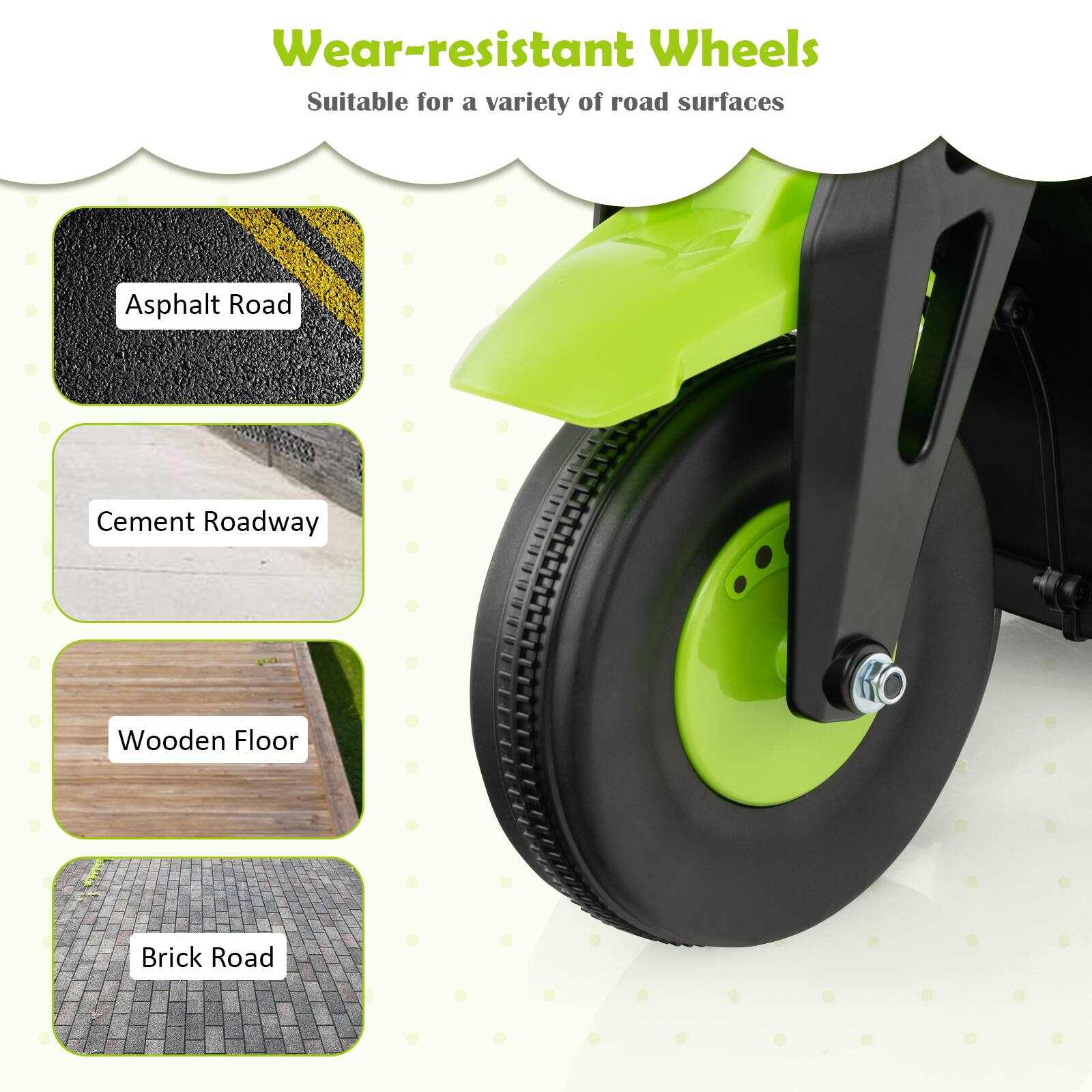 Wear-resistant Wheels  
Suitable for a variety of road surfaces  

- Asphalt Road  
- Cement Roadway  
- Wooden Floor  
- Brick Road