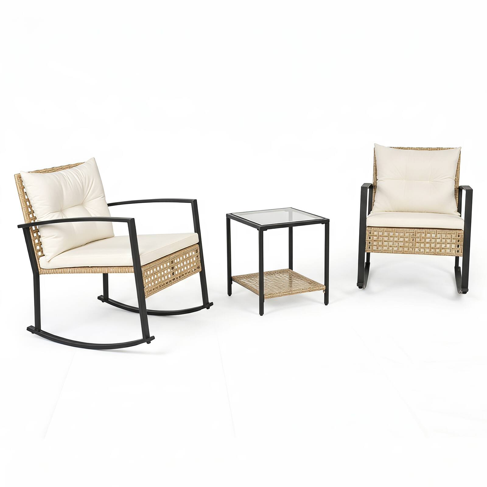 Alt View 9. Costway - Costway 3PCS Outdoor Conversation Sets Rocking Chair Set with 2 Chairs 2-Tier Glass-Top Coffee Table Cushions - White.