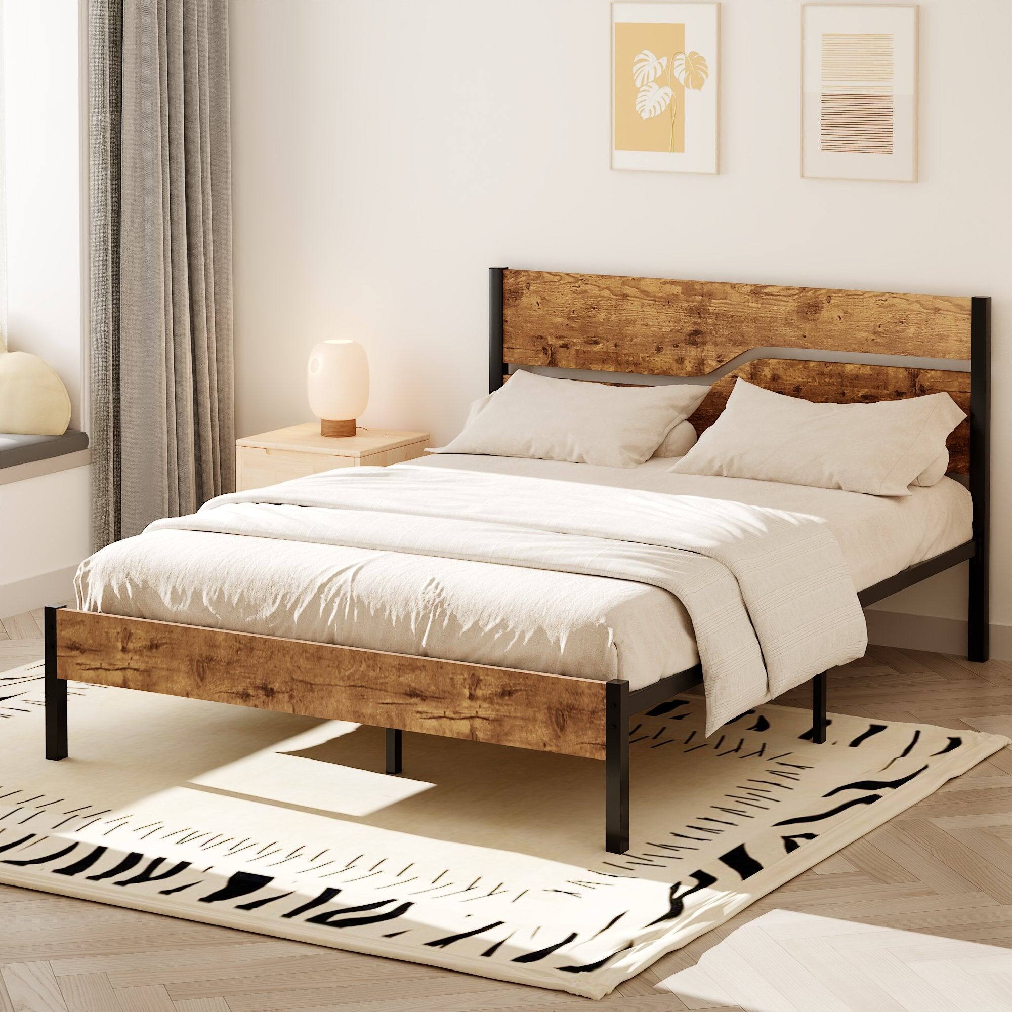 Left. Vecelo - Queen Size Bed Frame with Wood Headboard, Heavy Duty Metal Platform with Storage, Noise-Free, No Box Spring Needed - Brown.