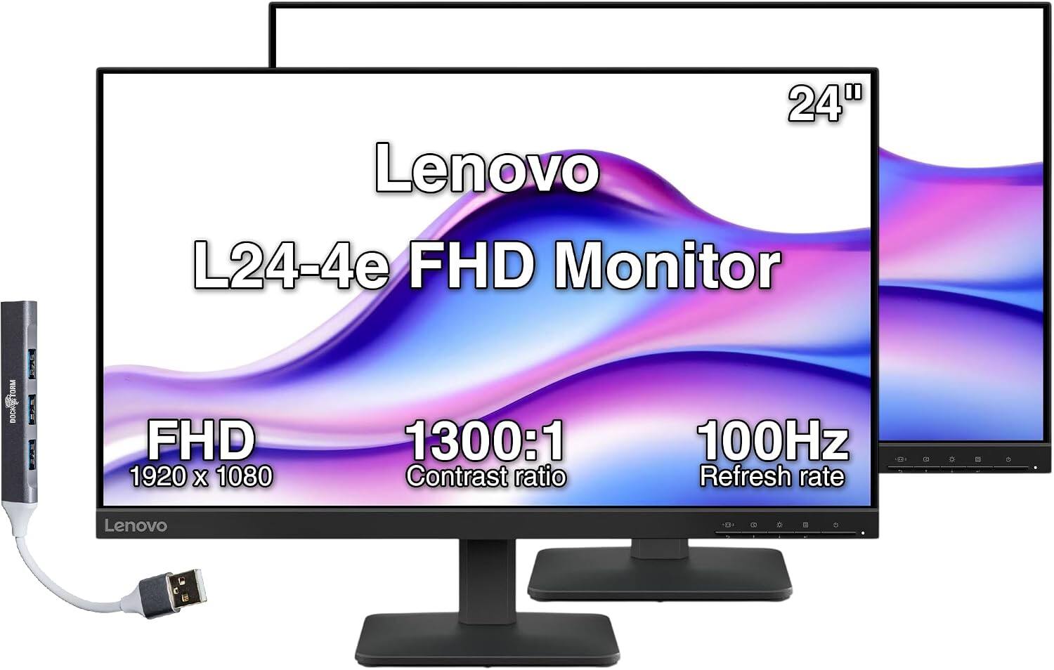 24" Lenovo L24-4e FHD Monitor  
FORM DOCKSFORM DOCK  
FHD 1920 x 1080  
1300:1 Contrast ratio  
100Hz Refresh rate  
Lenovo