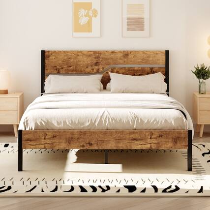 Front. Vecelo - Queen Size Bed Frame with Wood Headboard, Heavy Duty Metal Platform with Storage, Noise-Free, No Box Spring Needed - Brown.