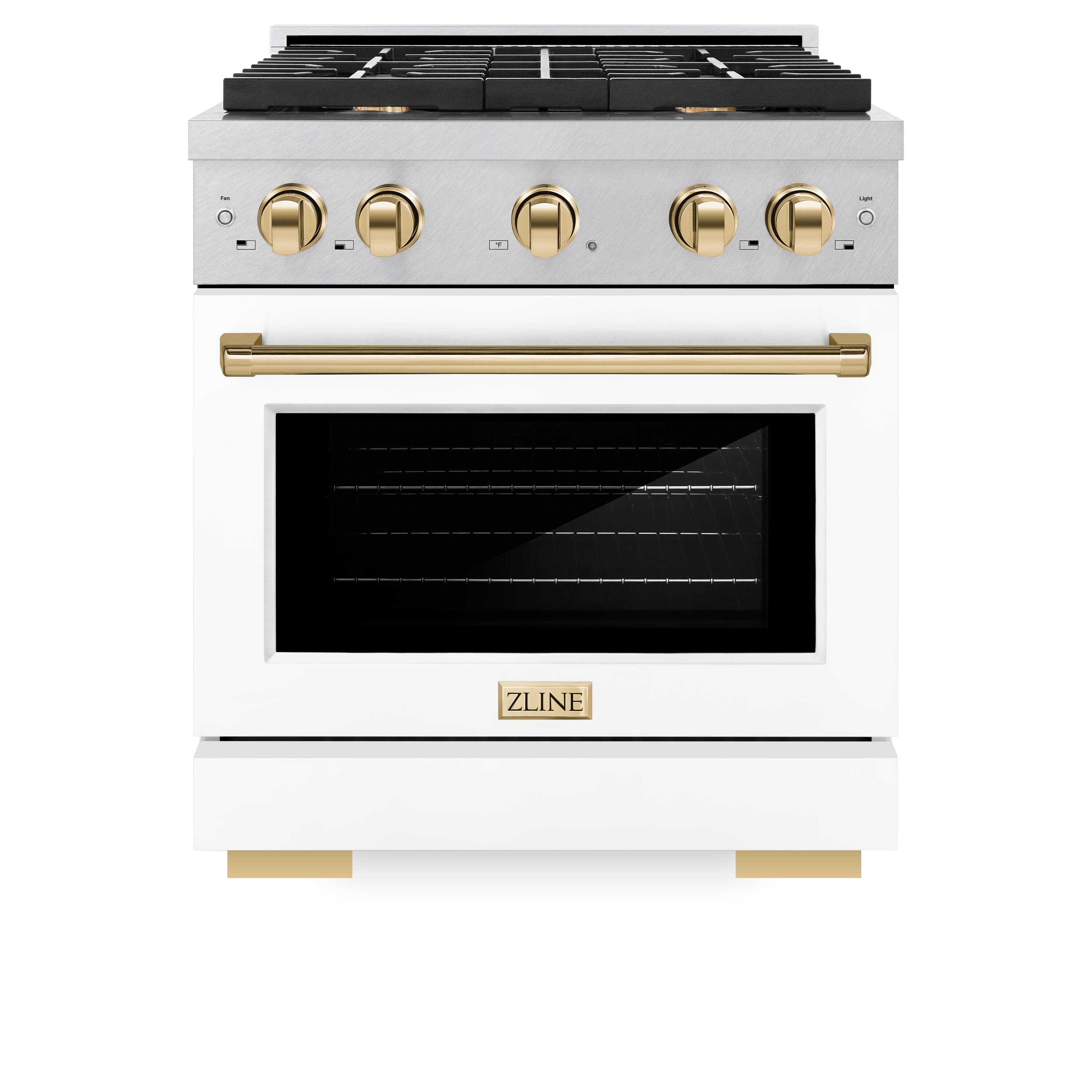 Front. ZLINE - ZLINE Autograph 30 in. Paramount Satin Steel Gas Range with Gold Accents (SGRSZ-WM-30-G) - White Matte.