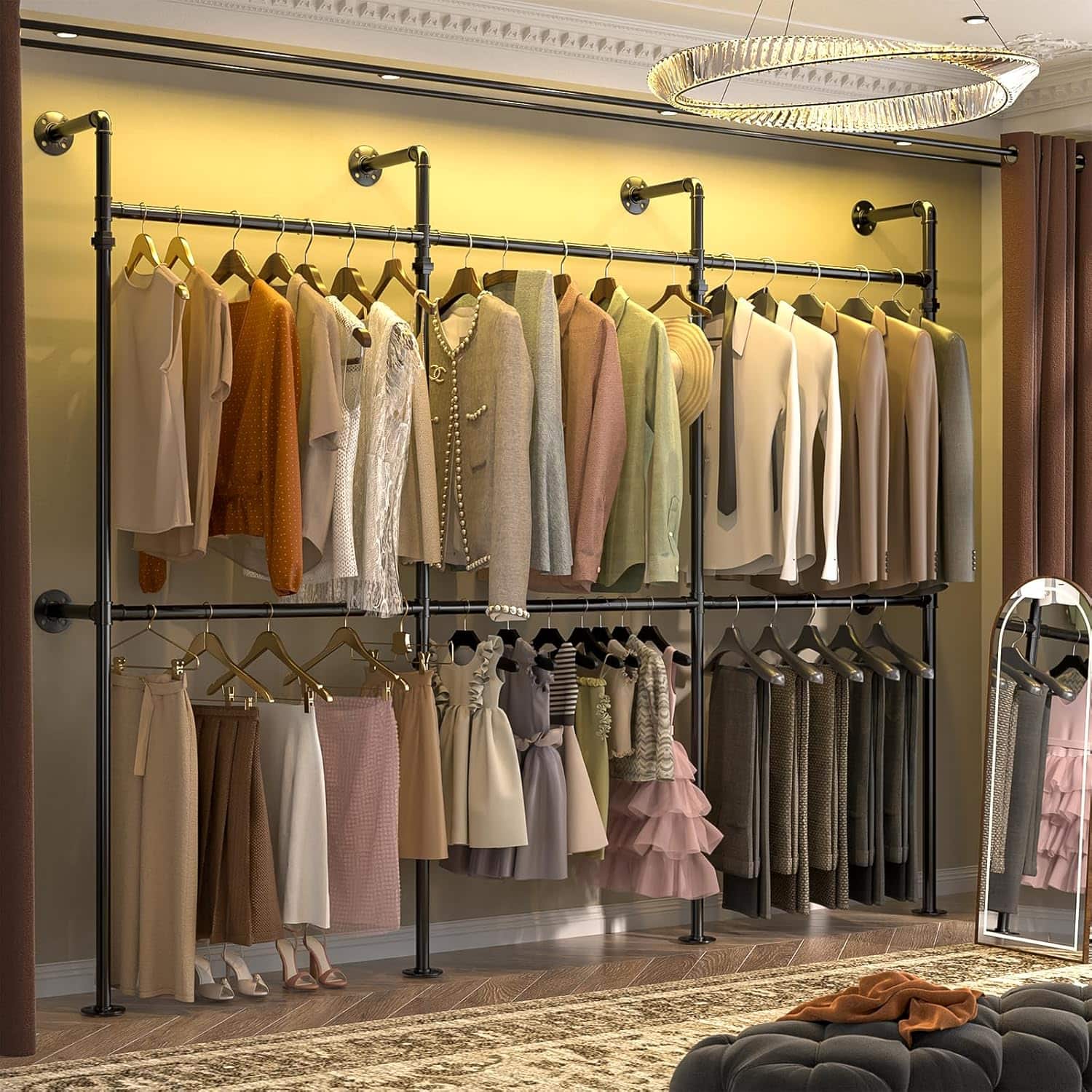 Aheaplus - Adjustable Wall-Mounted Metal Clothing Rack: 3-Tier Wood Shelves, 84"-128", 1000LB Capacity - Gray Oak