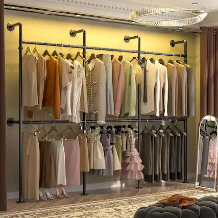 Front. Aheaplus - Adjustable Wall-Mounted Metal Clothing Rack: 3-Tier Wood Shelves, 84"-128", 1000LB Capacity - Gray Oak.