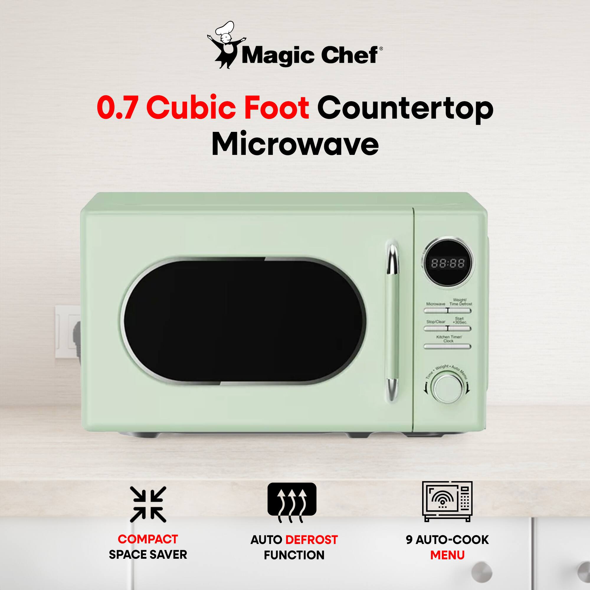 Magic Chef  
0.7 Cubic Foot Countertop Microwave  

- COMPACT SPACE SAVER  
- AUTO DEFROST FUNCTION  
- 9 AUTO-COOK MENU