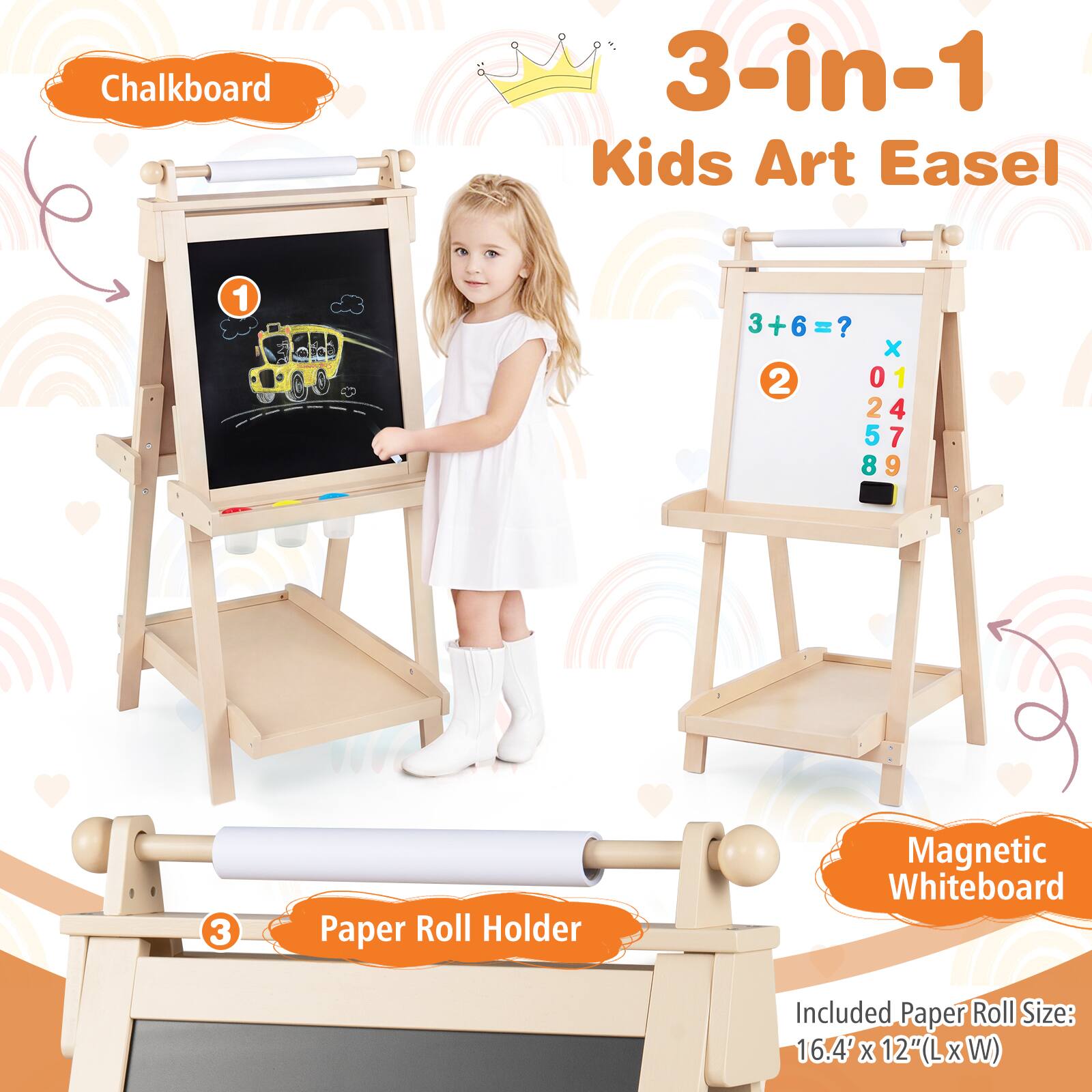 Chalkboard 3-in-1 Kids Art Easel

1. 3+6=?
2. 0 1 2 3 4 5 6 7 8 9
3. Paper Roll Holder

Magnetic Whiteboard Included

Paper Roll Size: 16.4' X 12" (L X W)