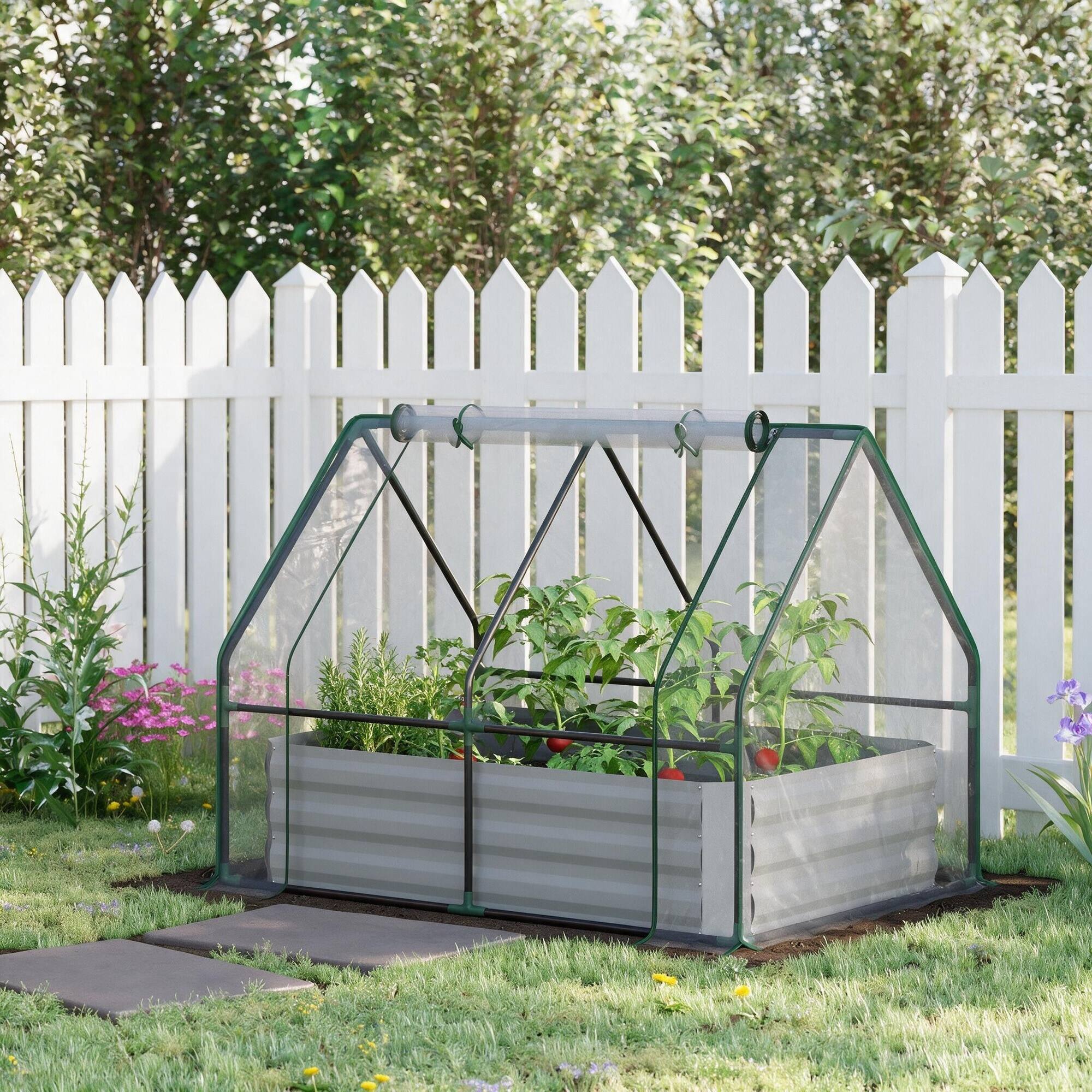 Back. RYHNUYNE - Outsunny 4' x 3' Galvanized Raised Garden Bed with PVC Greenhouse Cover, 2 Roll-Up Windows for Vegetables - Clear.